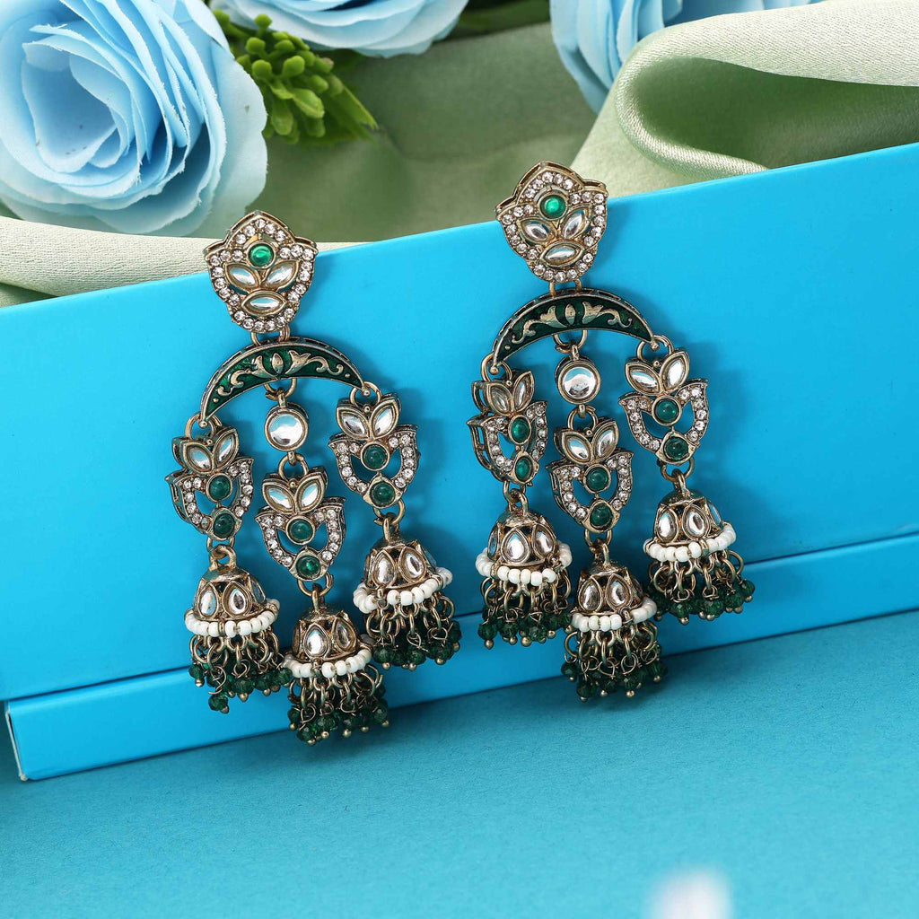 Green Color Kundan Earrings Featuring Classic Polished Details For Traditional Function Outfits