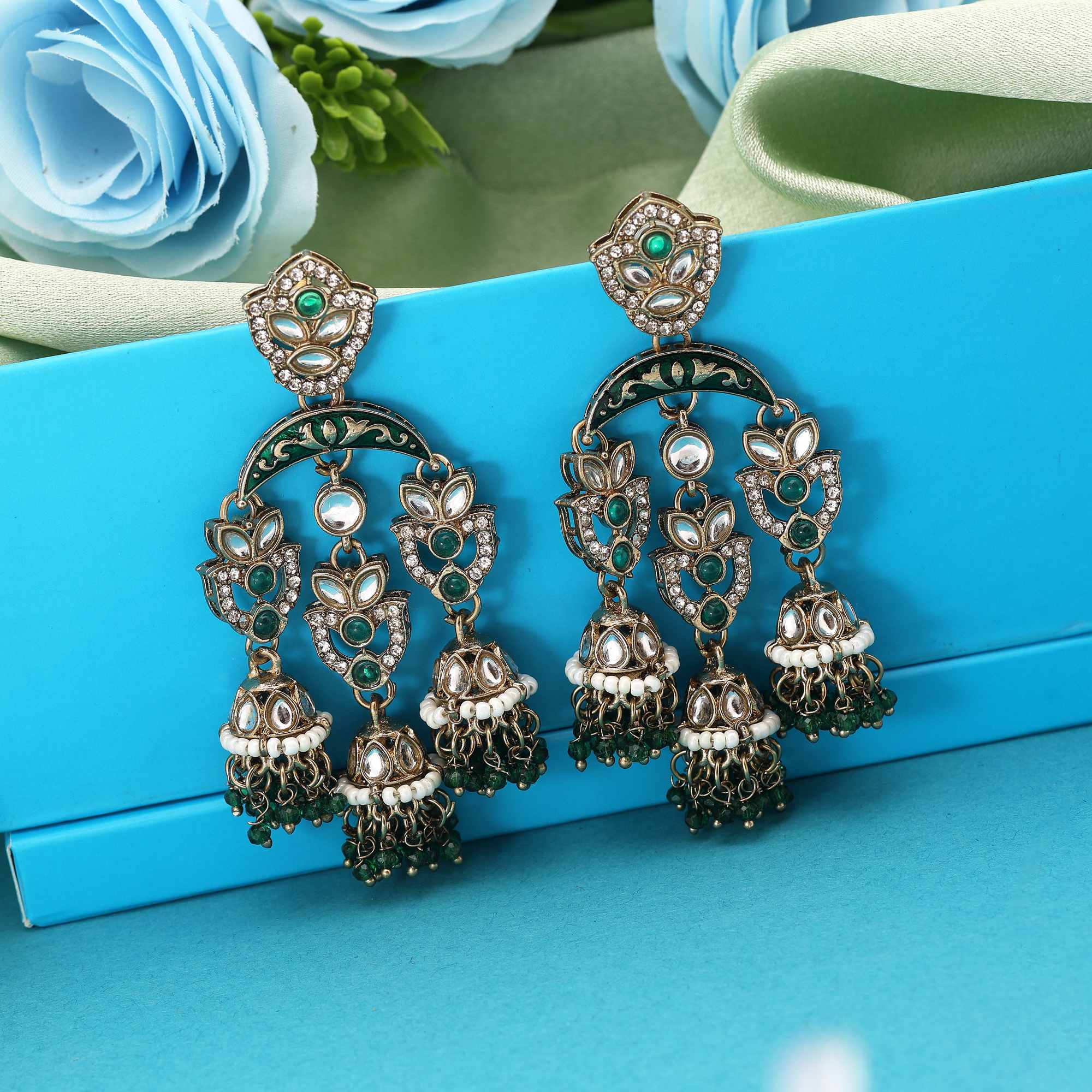 Green Color Kundan Earrings Featuring Classic Polished Details For Traditional Function Outfits