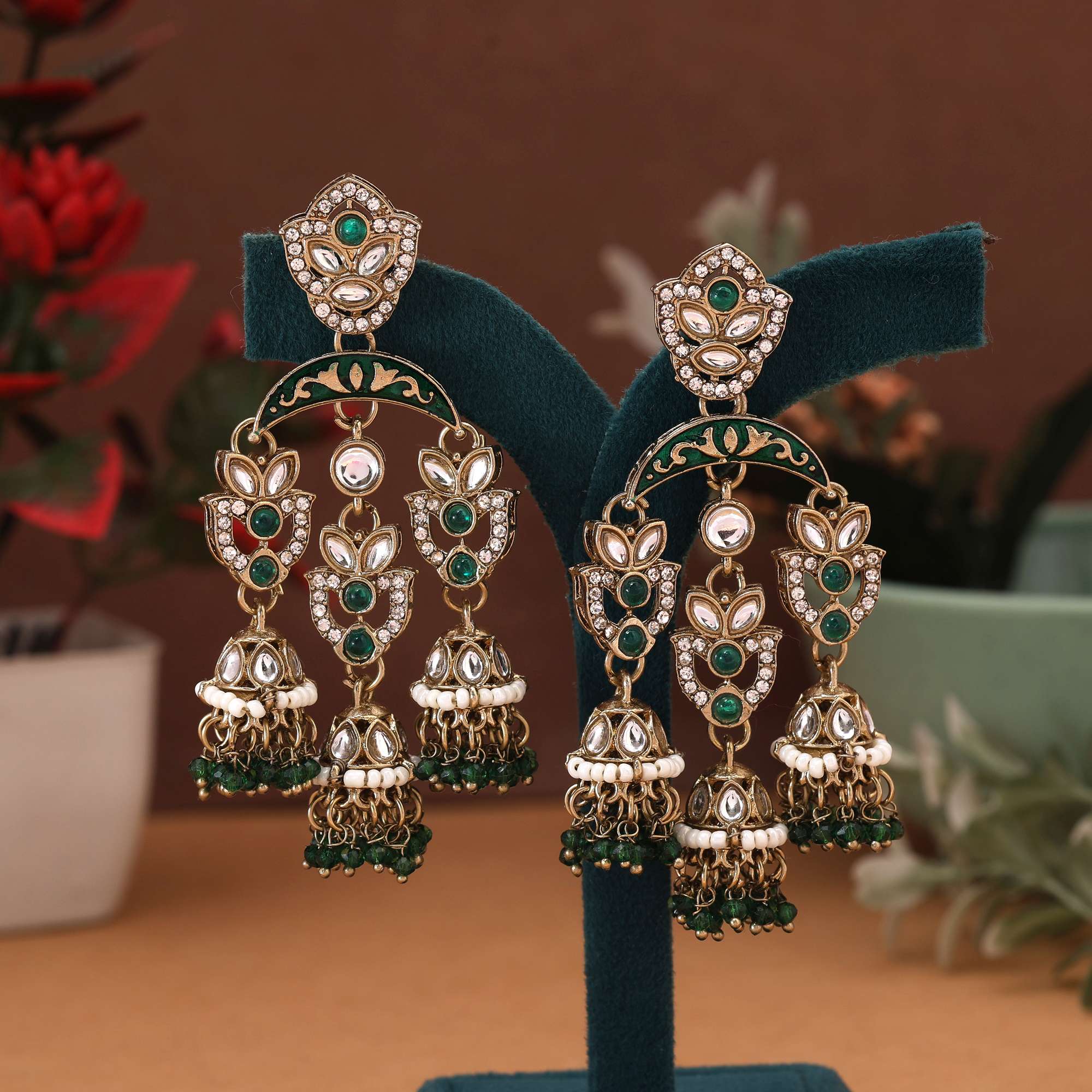 Green Color Kundan Earrings Featuring Classic Polished Details For Traditional Function Outfits