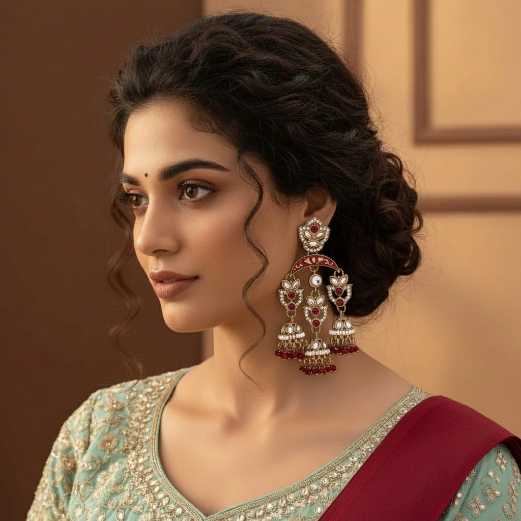 Maroon Color Kundan Earrings Crafted With Premium Bridal Inspired Ethnic Detailing For Women