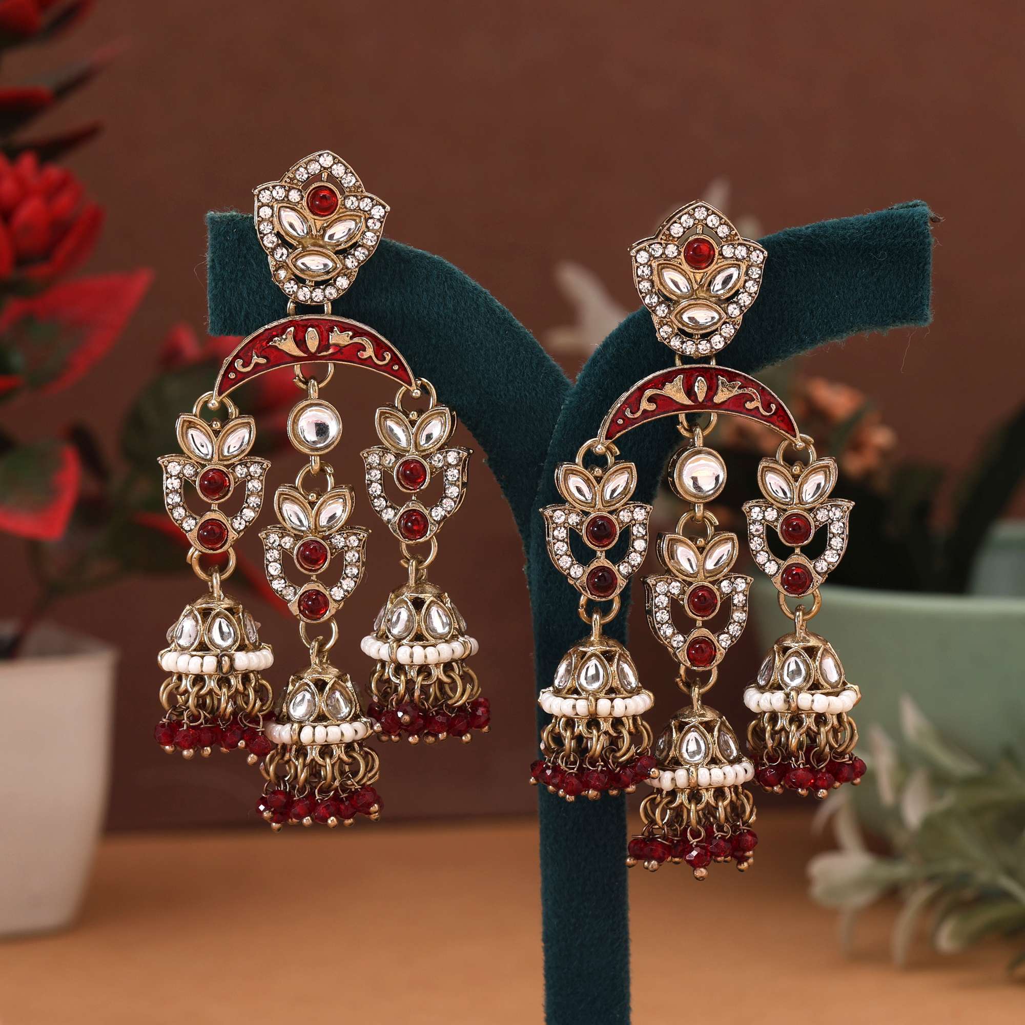 Maroon Color Kundan Earrings Crafted With Premium Bridal Inspired Ethnic Detailing For Women