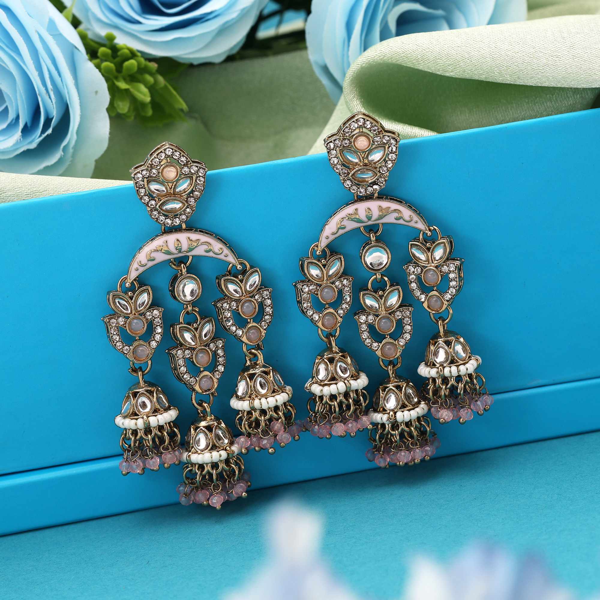 Pink Color Kundan Earrings Featuring Delicate Kundan Detailing For Everyday Ethnic Elegance