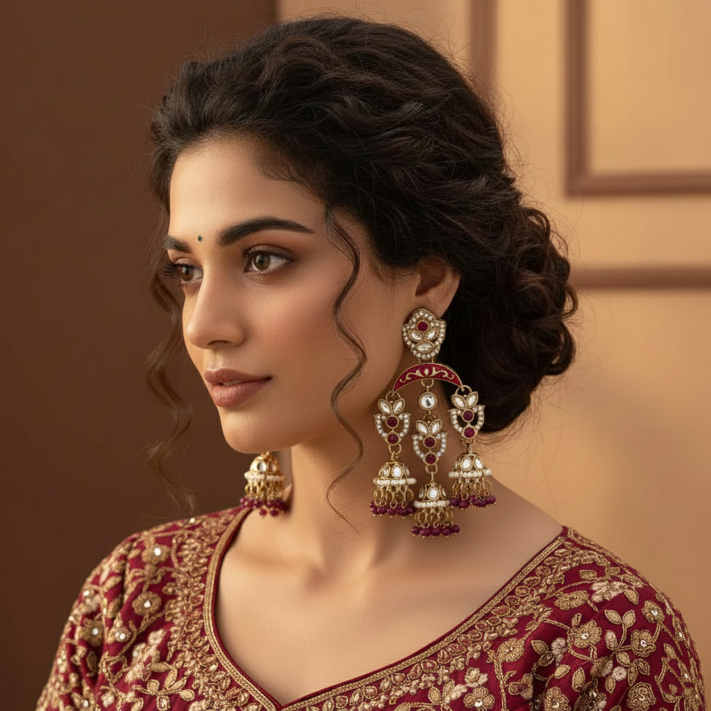 Rani Color Kundan Earrings Designed With Beautiful Bright Stones For Festive Occasions