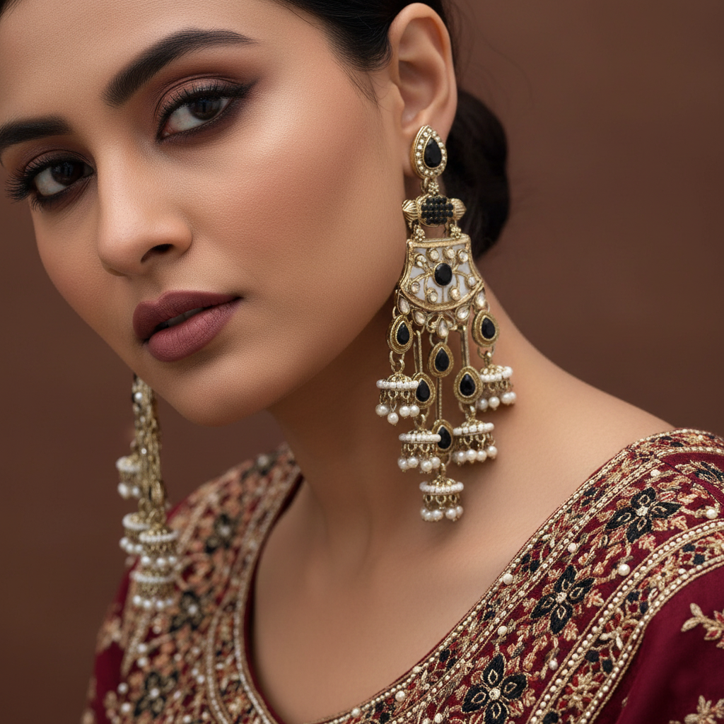 Black Color Kundan Earrings Featuring Elegant Dark Traditional Stones With Handmade Detailing