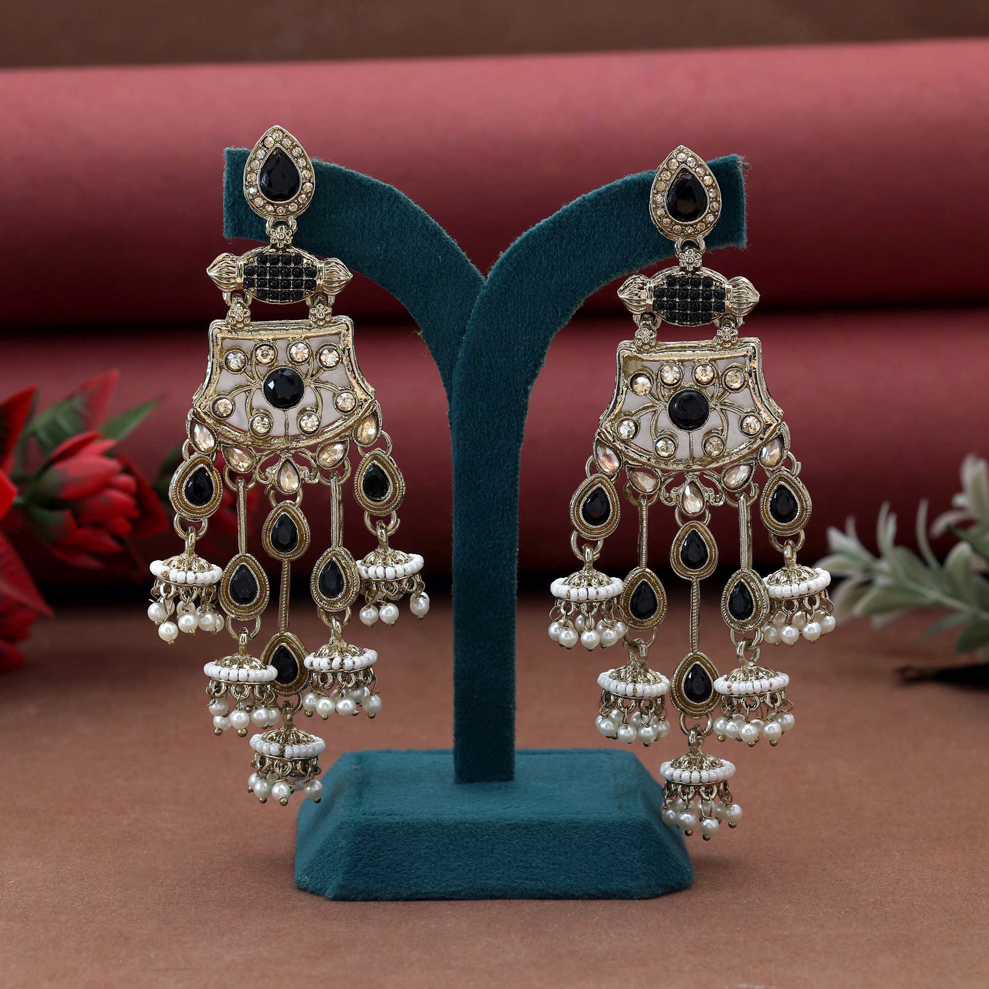 Black Color Kundan Earrings Featuring Elegant Dark Traditional Stones With Handmade Detailing