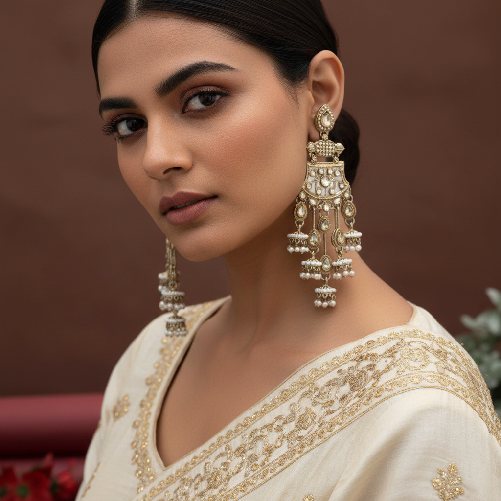Gold Color Kundan Earrings Designed With Elegant Ethnic Shine Perfect For Wedding Outfits