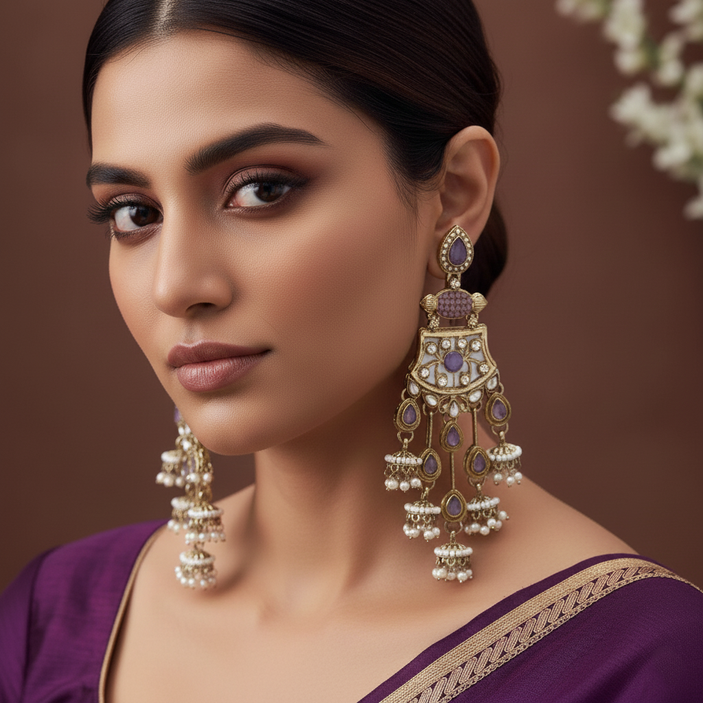 Light Purple Color Kundan Earrings Featuring Graceful Pastel Handmade Stones For Ethnic Styling