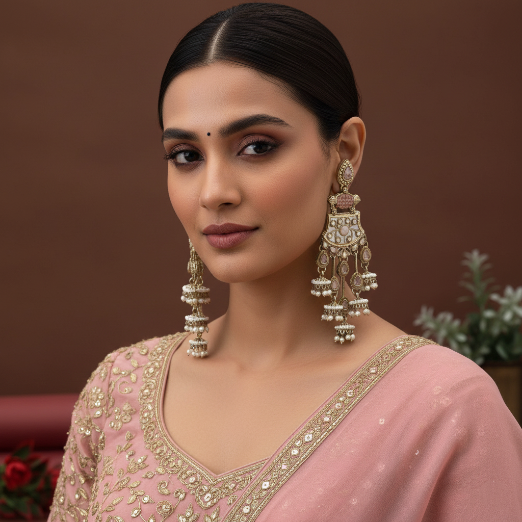 Pink Color Kundan Earrings Crafted With Beautiful Handcrafted Kundan Work For Women’S Fashion