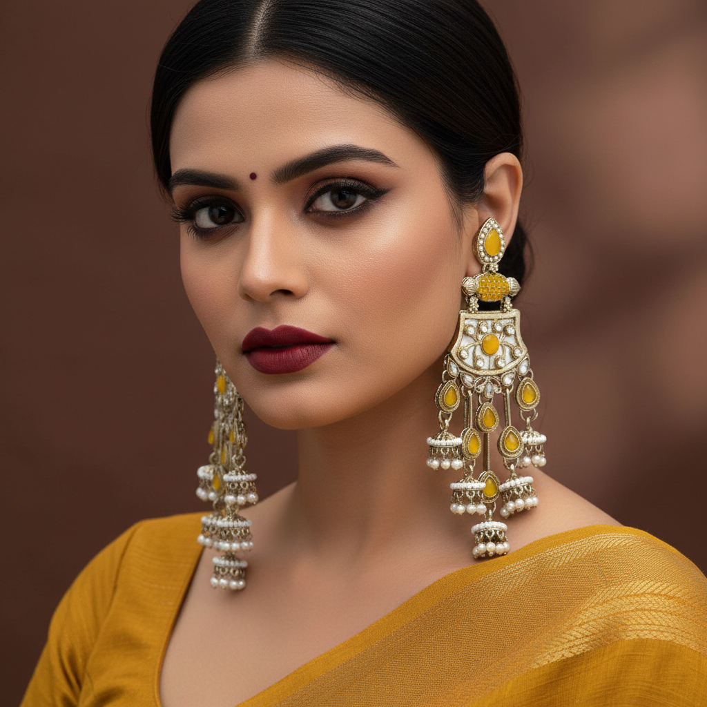 Yellow Color Kundan Earrings Designed With Bright Traditional Kundan Stones For Special Occasions