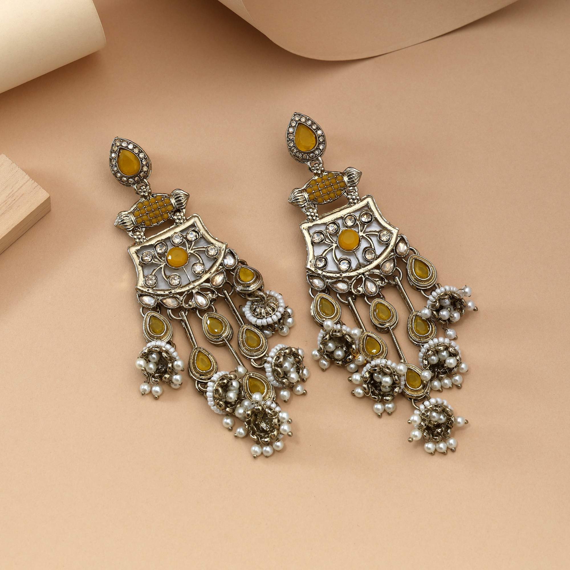 Yellow Color Kundan Earrings Designed With Bright Traditional Kundan Stones For Special Occasions