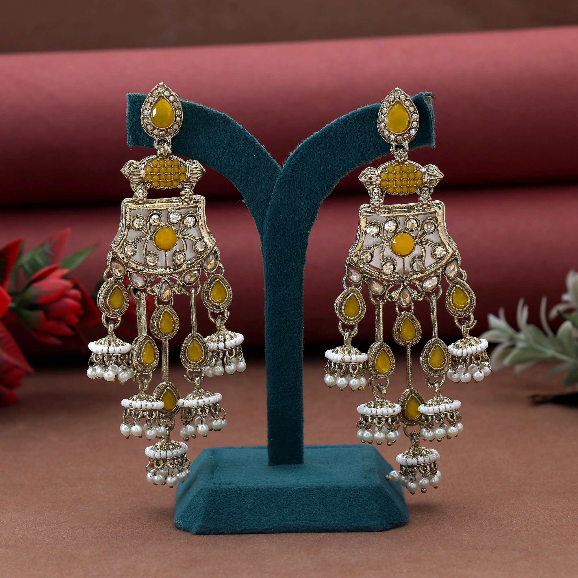 Yellow Color Kundan Earrings Designed With Bright Traditional Kundan Stones For Special Occasions