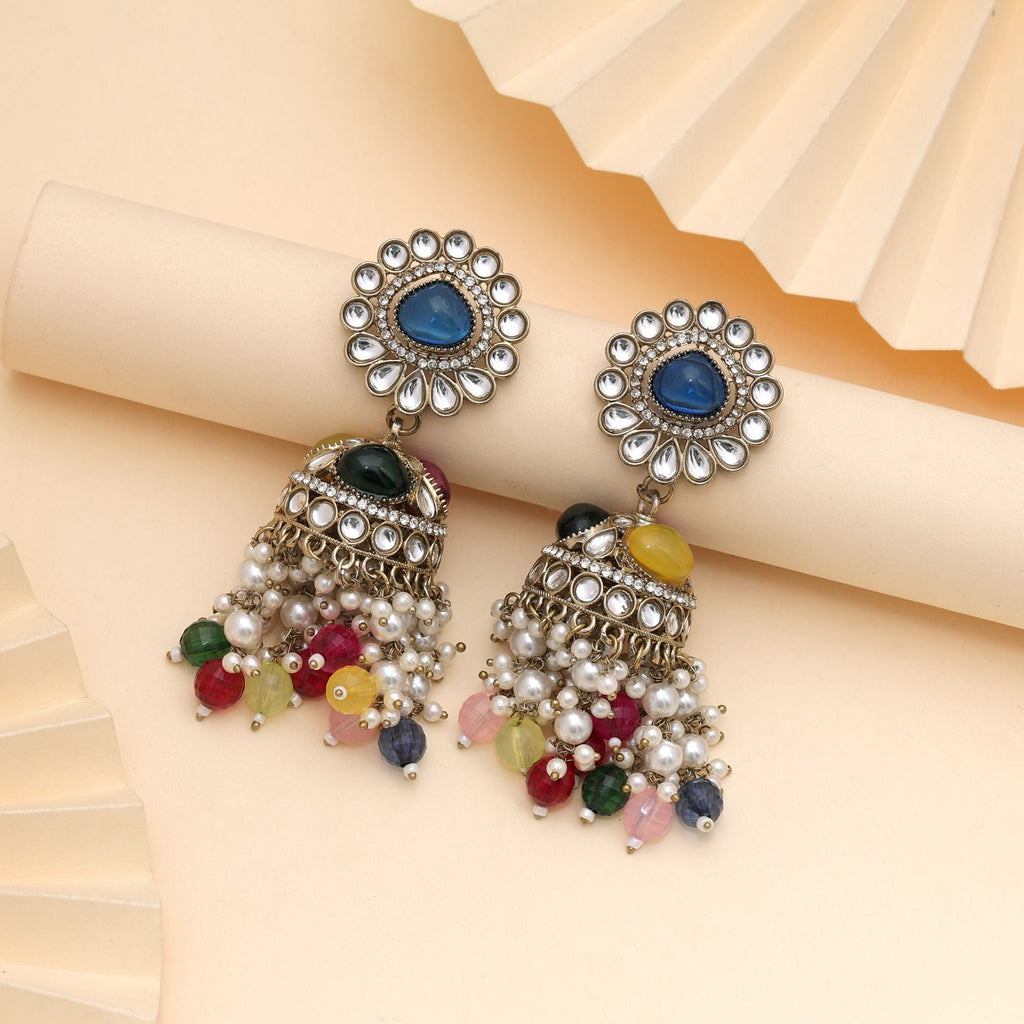Multi Color Kundan Earrings Featuring Vibrant Stones For Festive Occasions