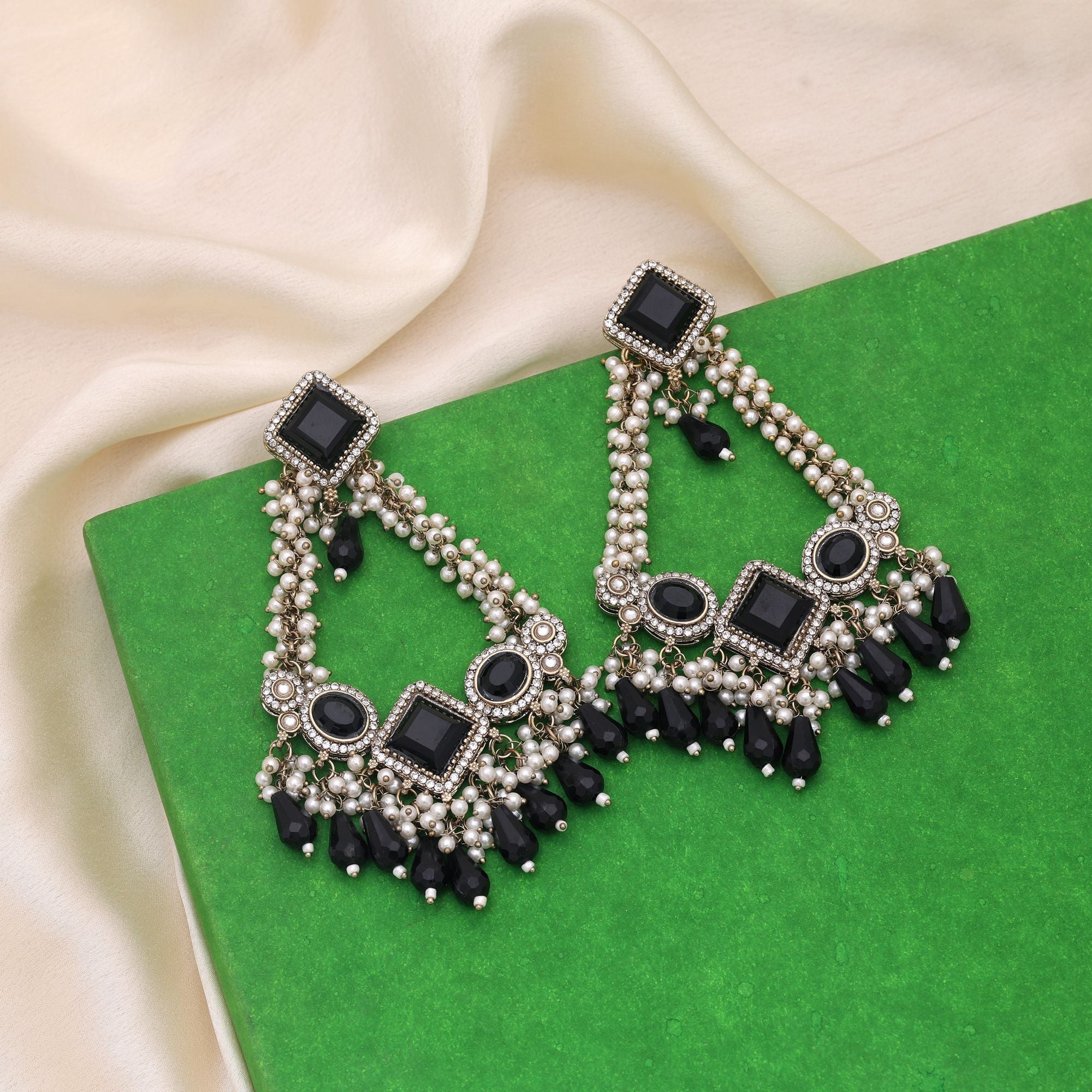 Black Color Kundan Earrings Styled For Modern Ethnic Statement Looks