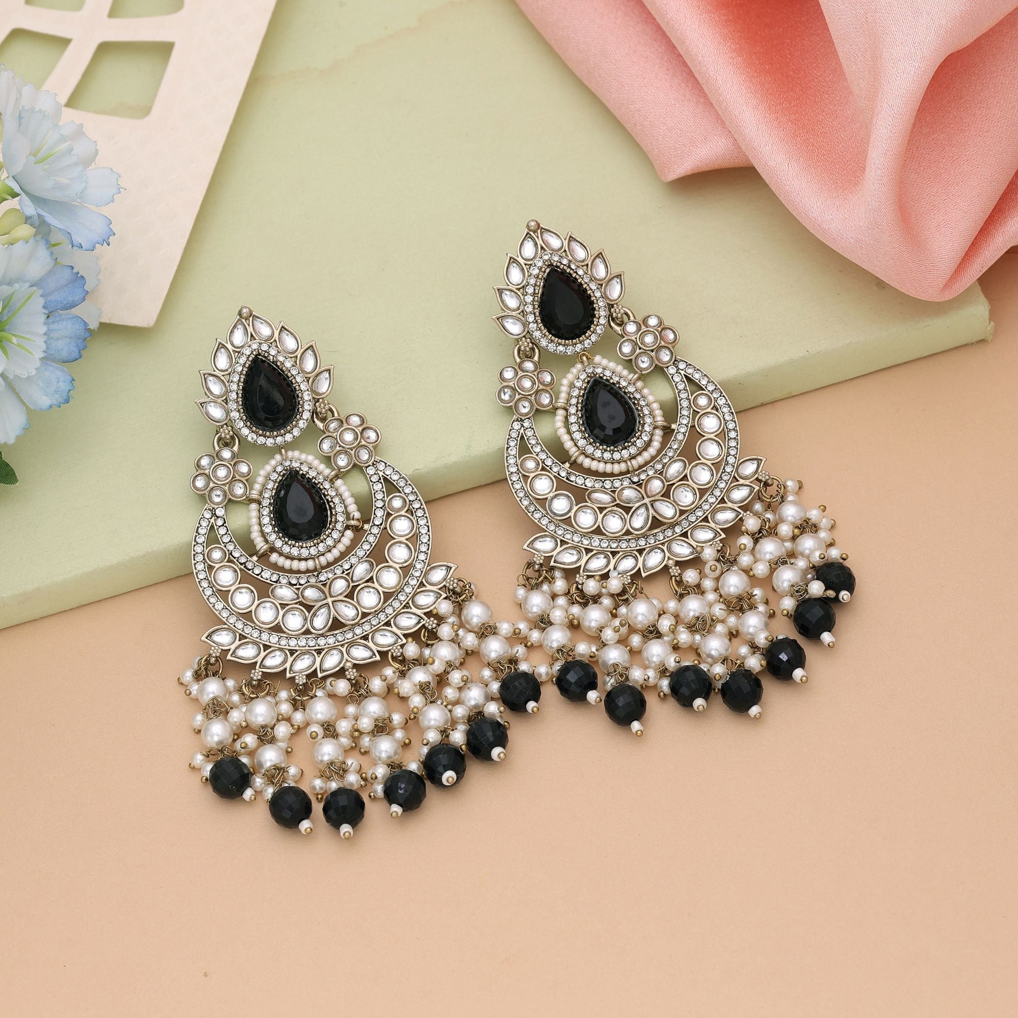 Black Color Kundan Earrings Featuring Bold Contrast And Premium Finish