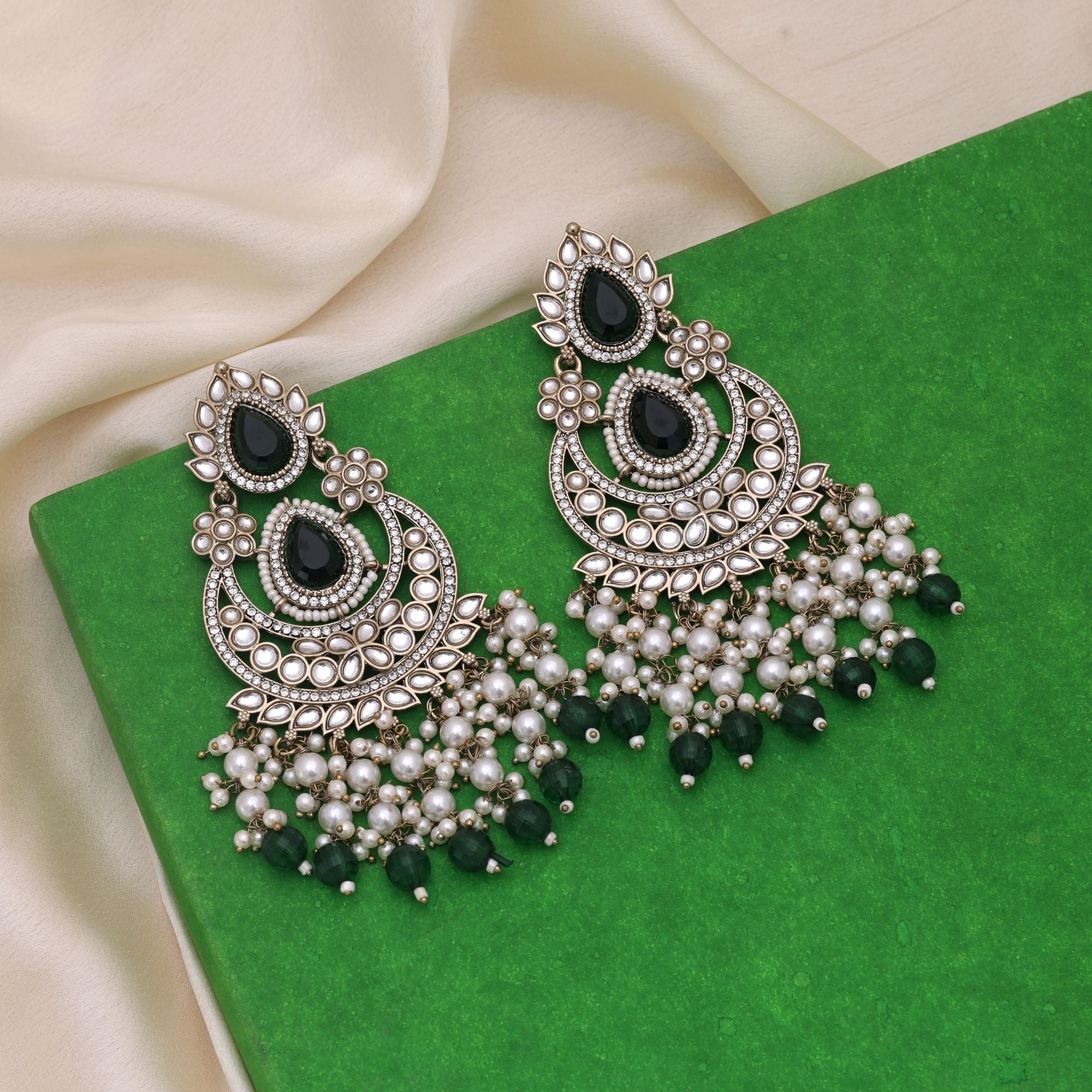 Green Color Kundan Earrings Designed To Complement Ethnic Outfits