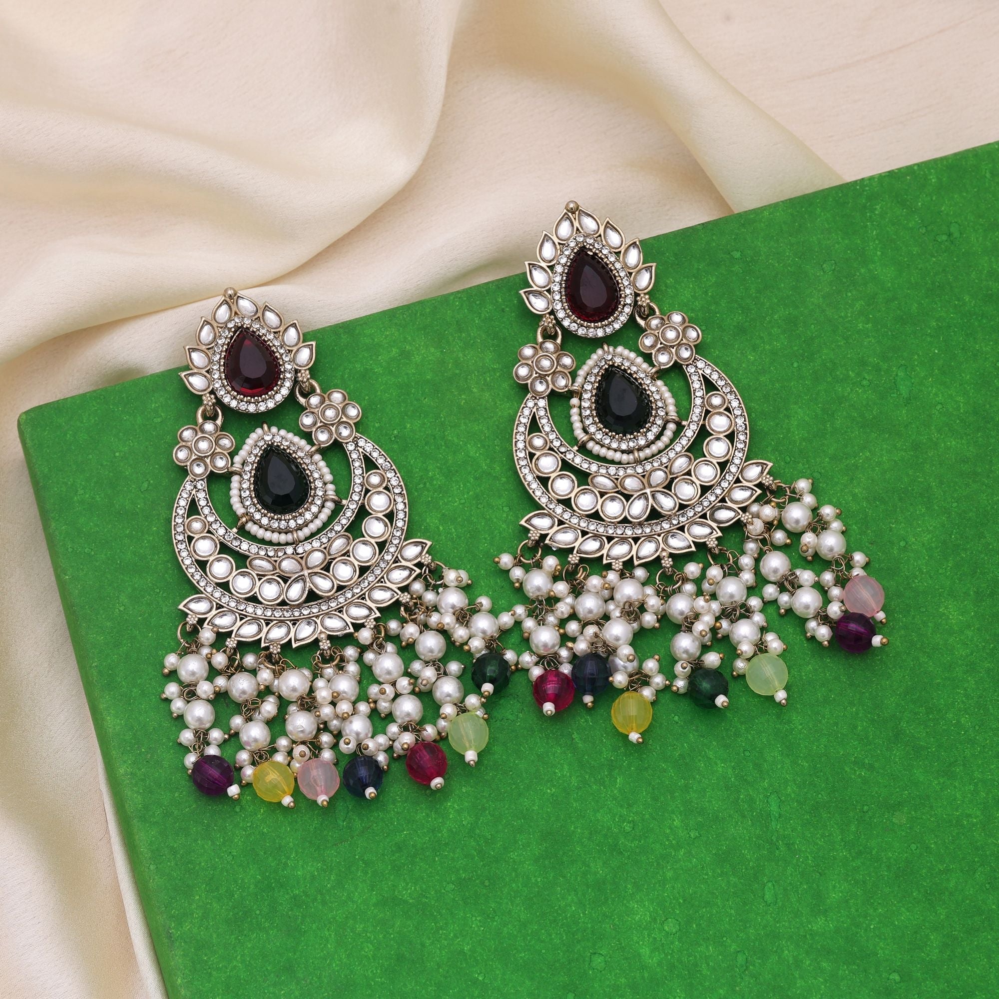 Maroon & Green Color Kundan Earrings With Classic Festive Elegance