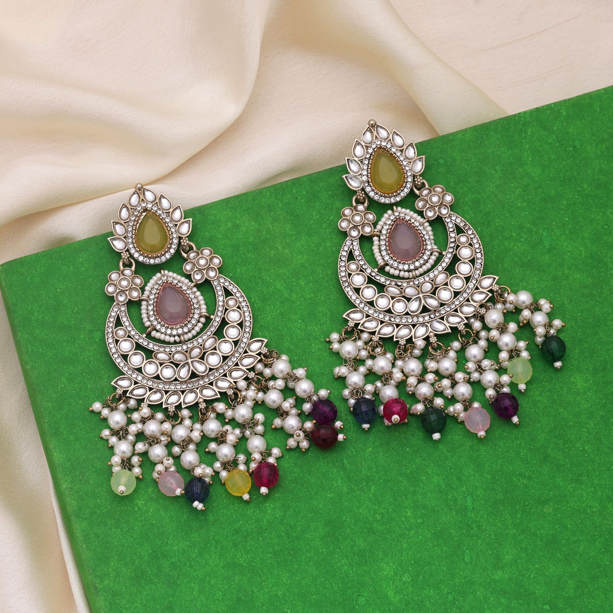 Multi Color Kundan Earrings Crafted For Statement Traditional Styling