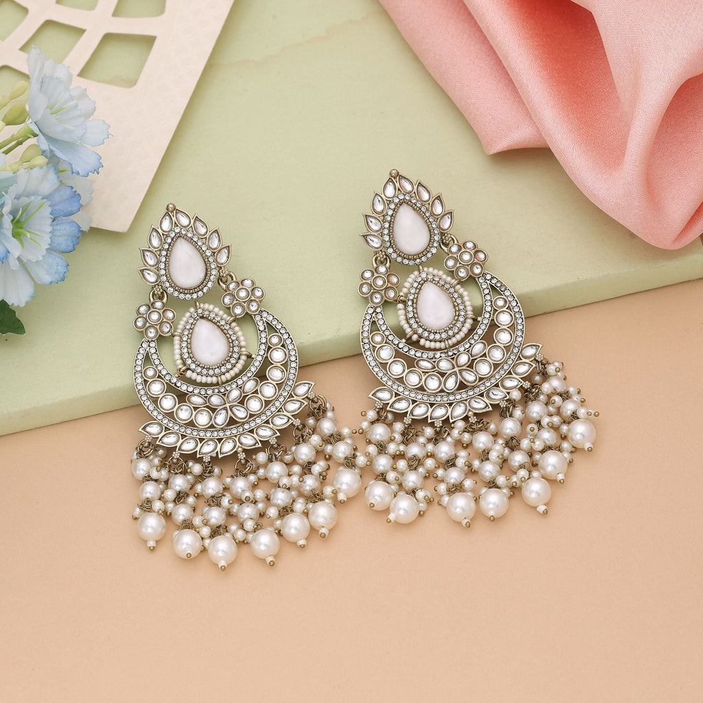 White Color Kundan Earrings Styled For Minimal Yet Elegant Ethnic Wear