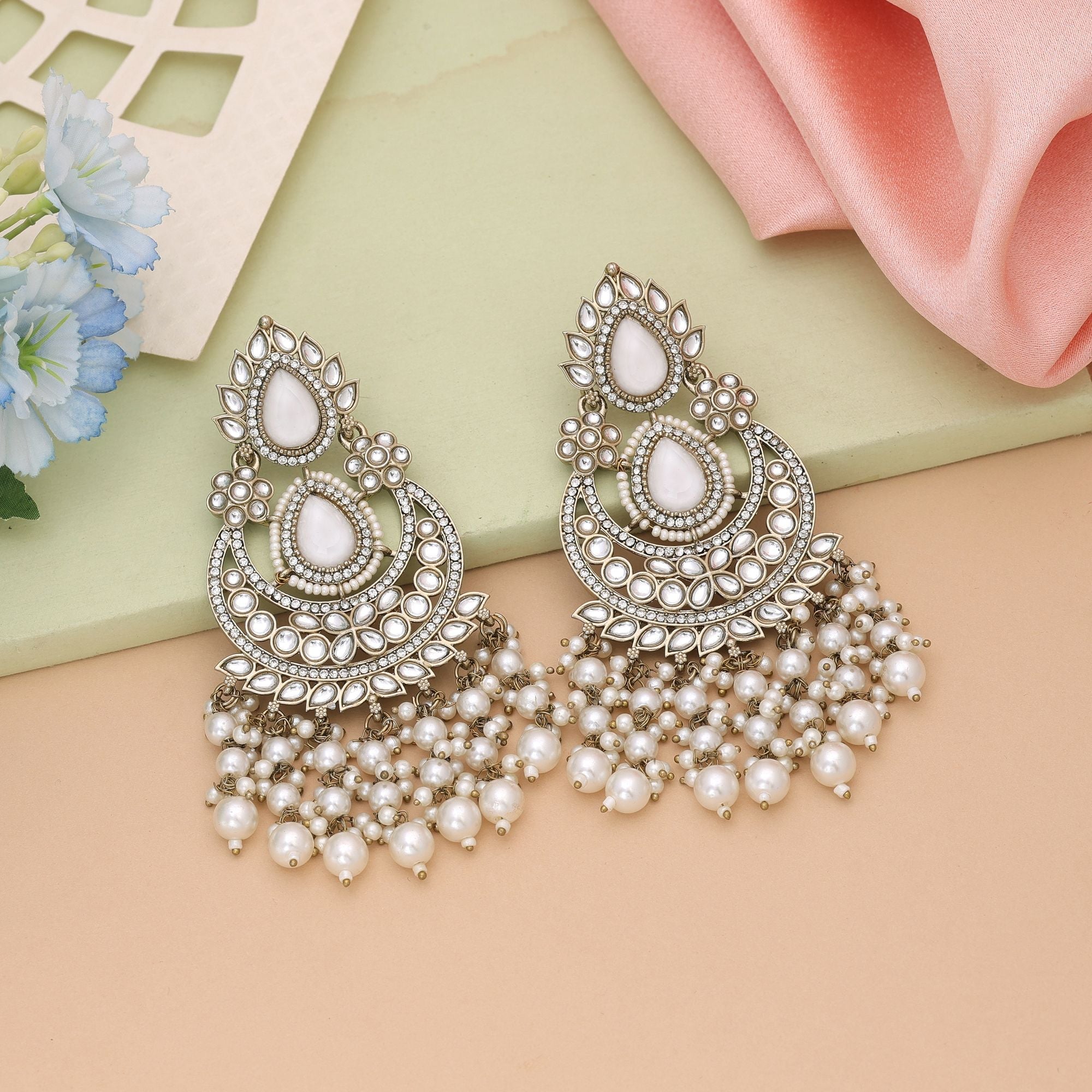 White Color Kundan Earrings Styled For Minimal Yet Elegant Ethnic Wear