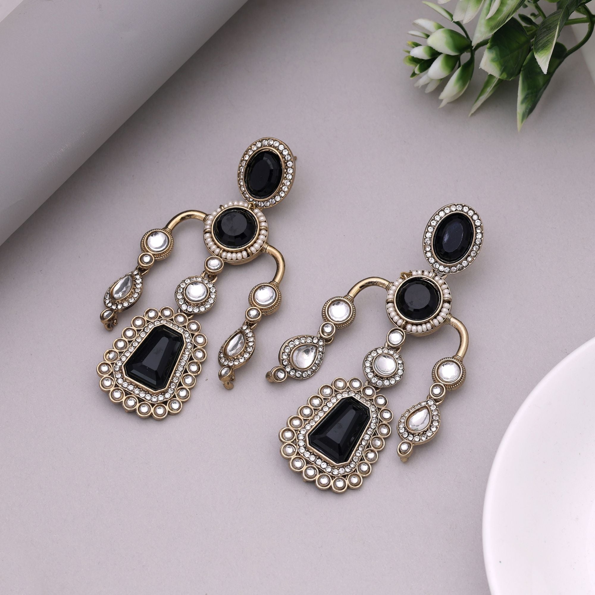 Black Color Kundan Earrings Designed For Bold Festive Fashion Lovers