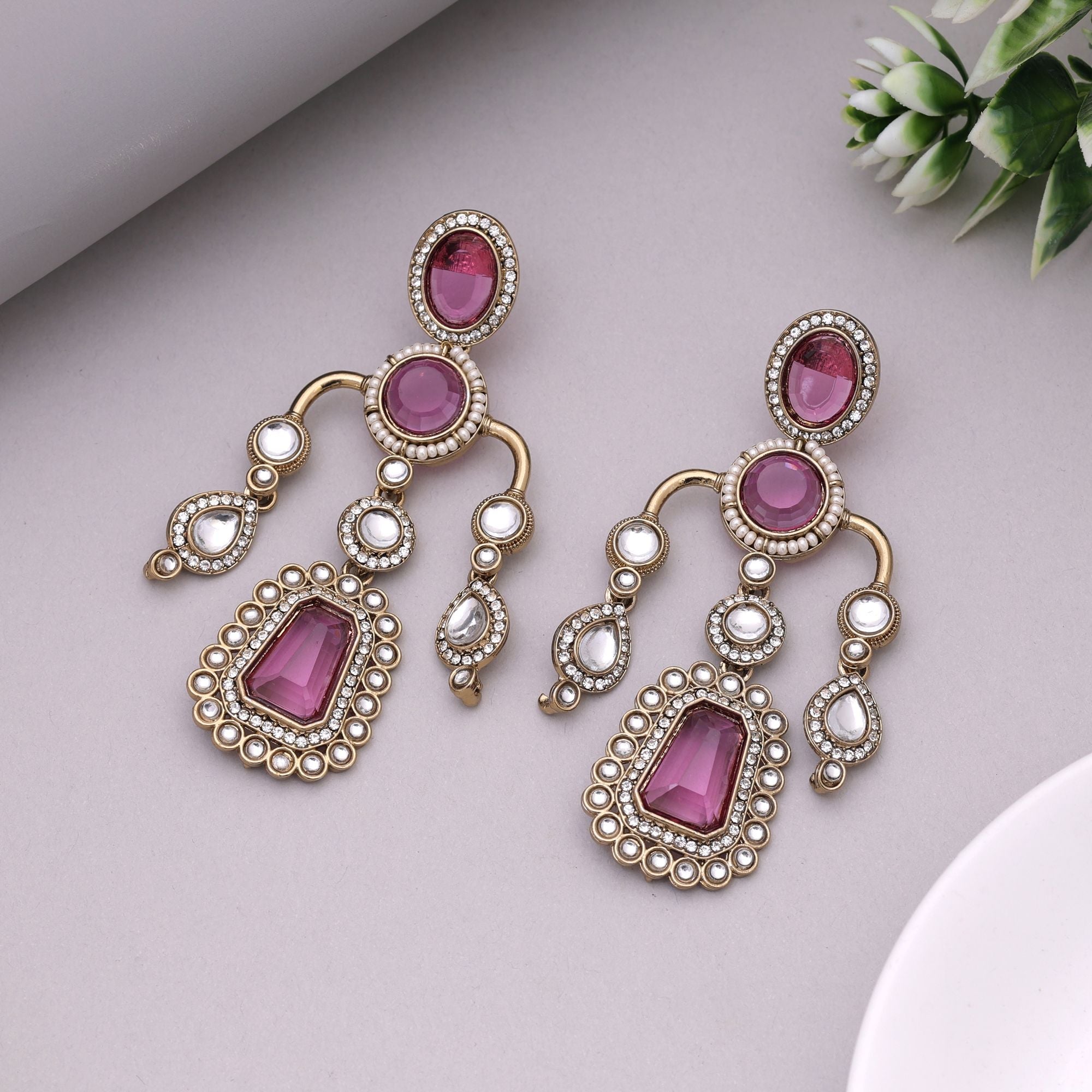 Magenta Color Kundan Earrings Featuring Vibrant Festive Color Appeal