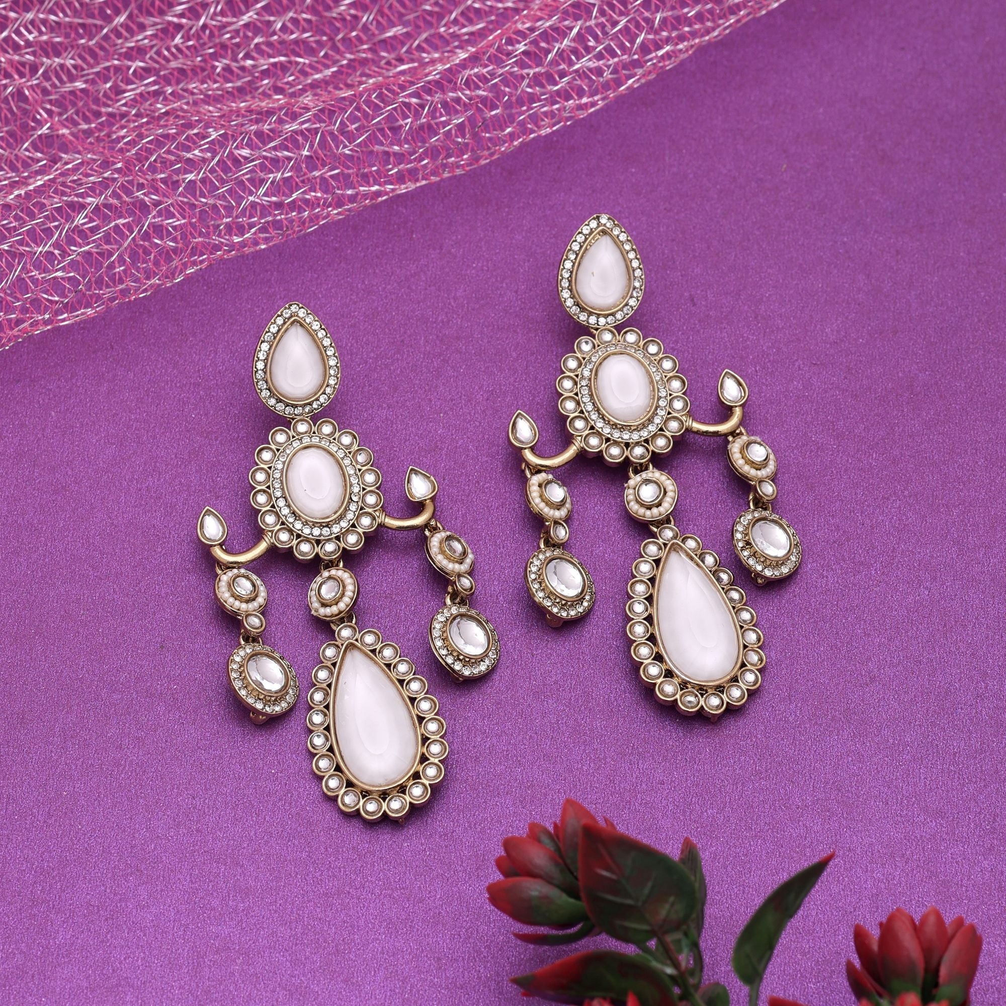 White Color Kundan Earrings Designed For Graceful Festive Styling