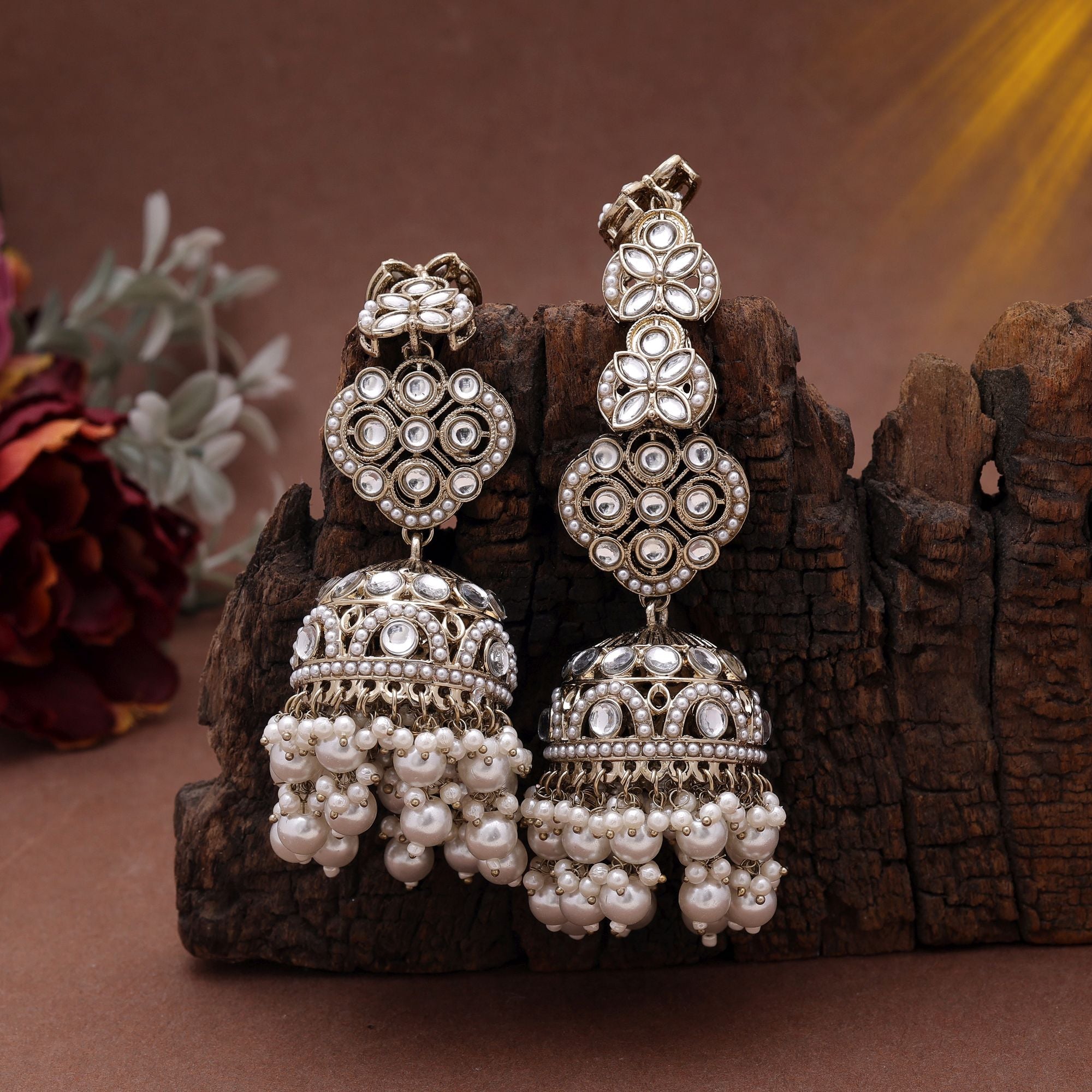 White Color Big Size Jhumka Kundan Earrings