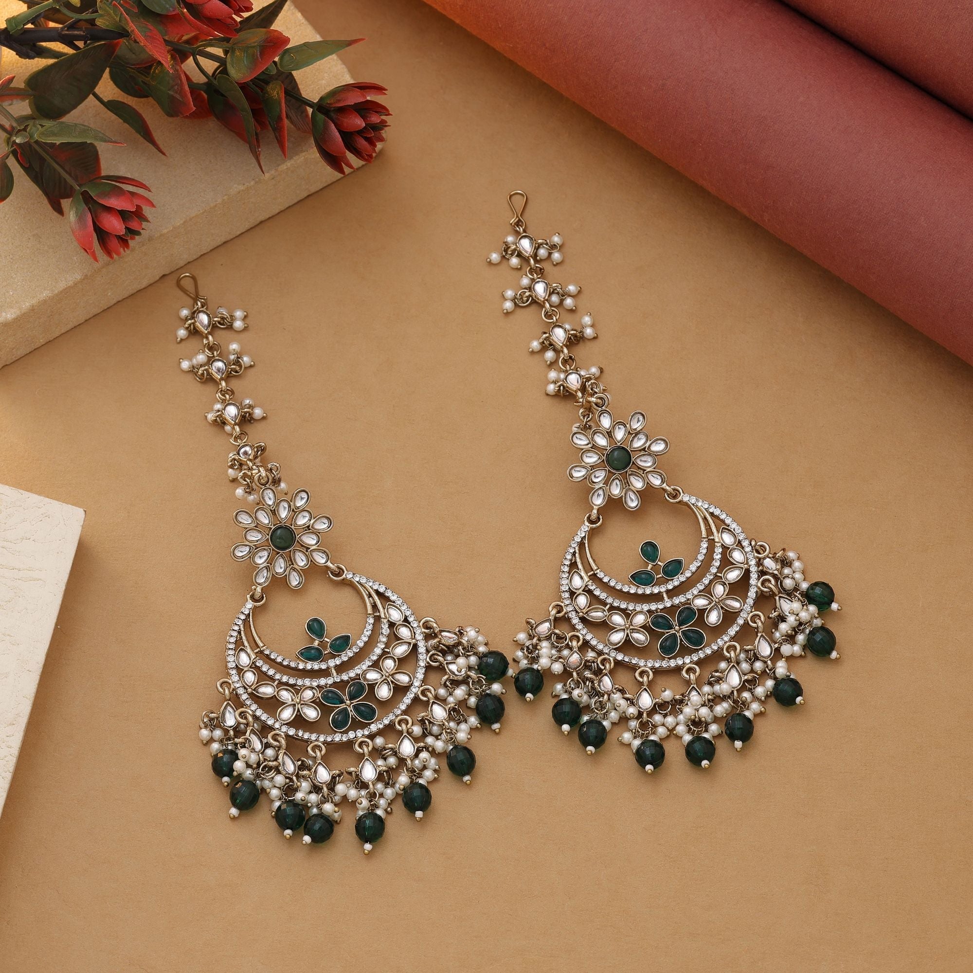 Green Color Kundan Earrings – Ethnic Design