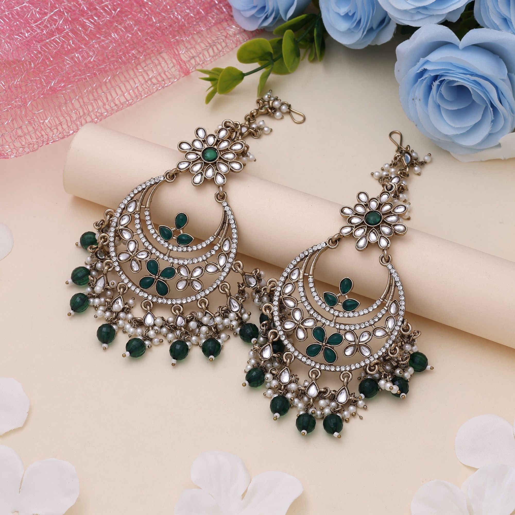 Green Color Kundan Earrings – Ethnic Design