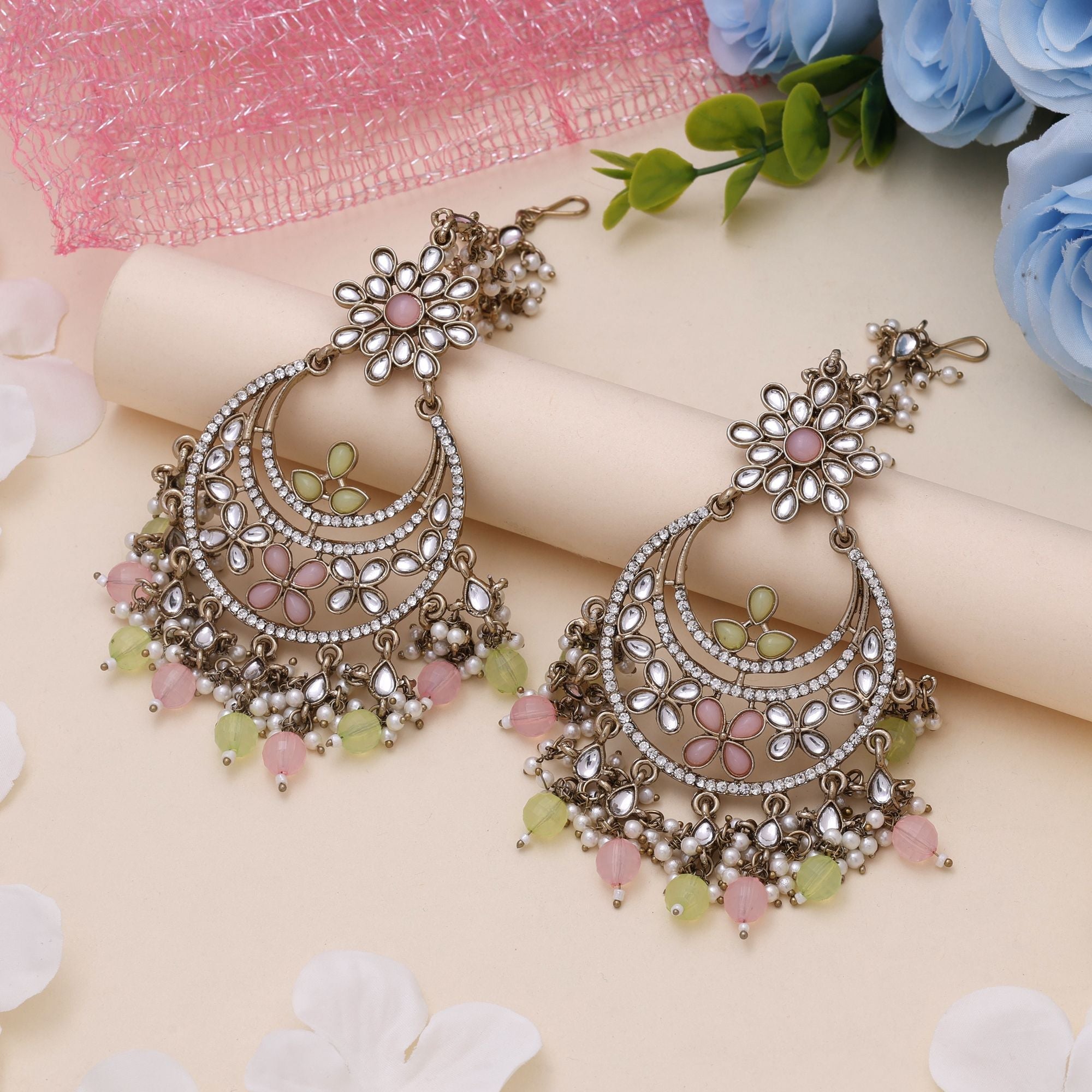 Pink & Pista Green Color Kundan Earrings – Dual Tone