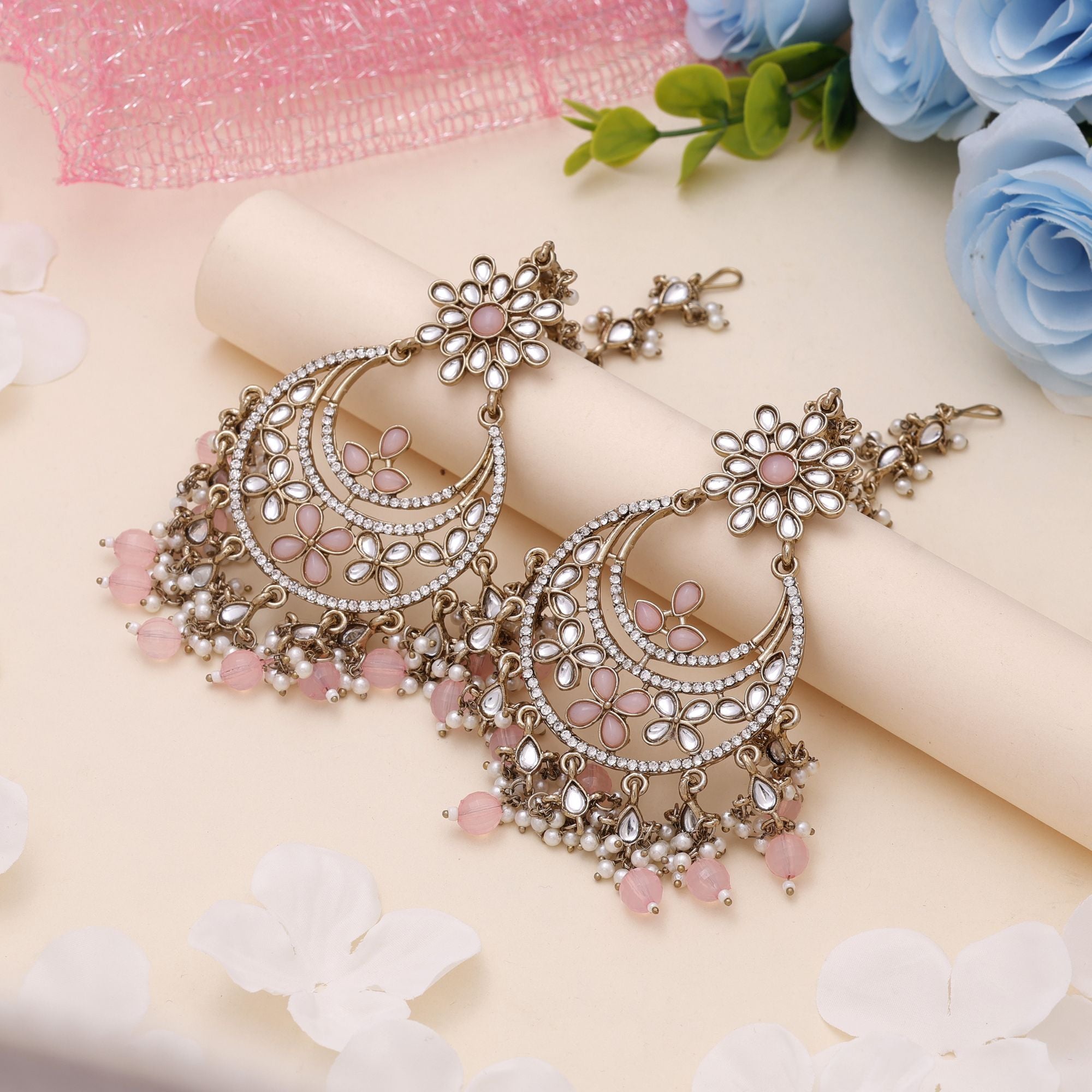 Pink Color Kundan Earrings – Matching Style