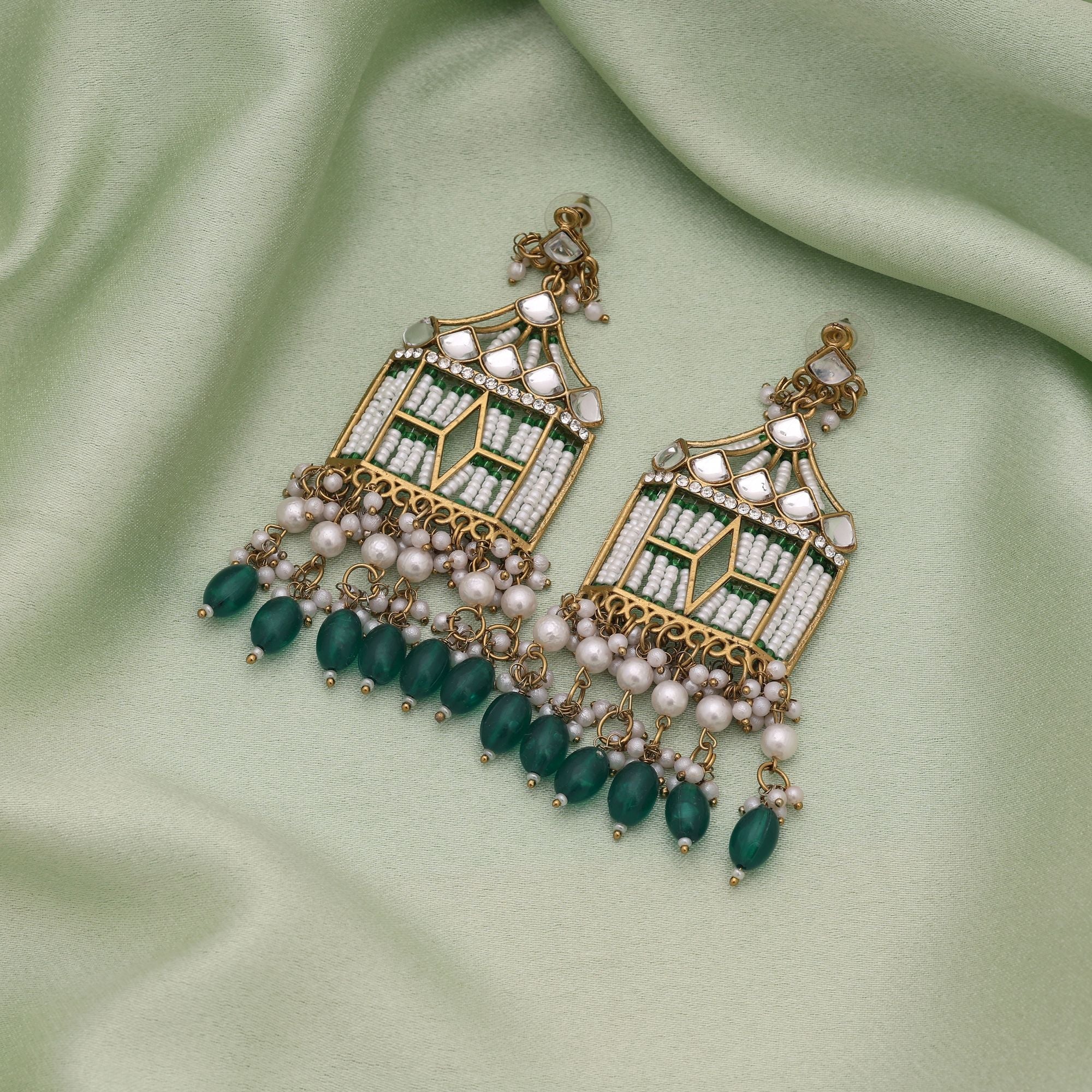 Green Color Traditional Kundan Earrings