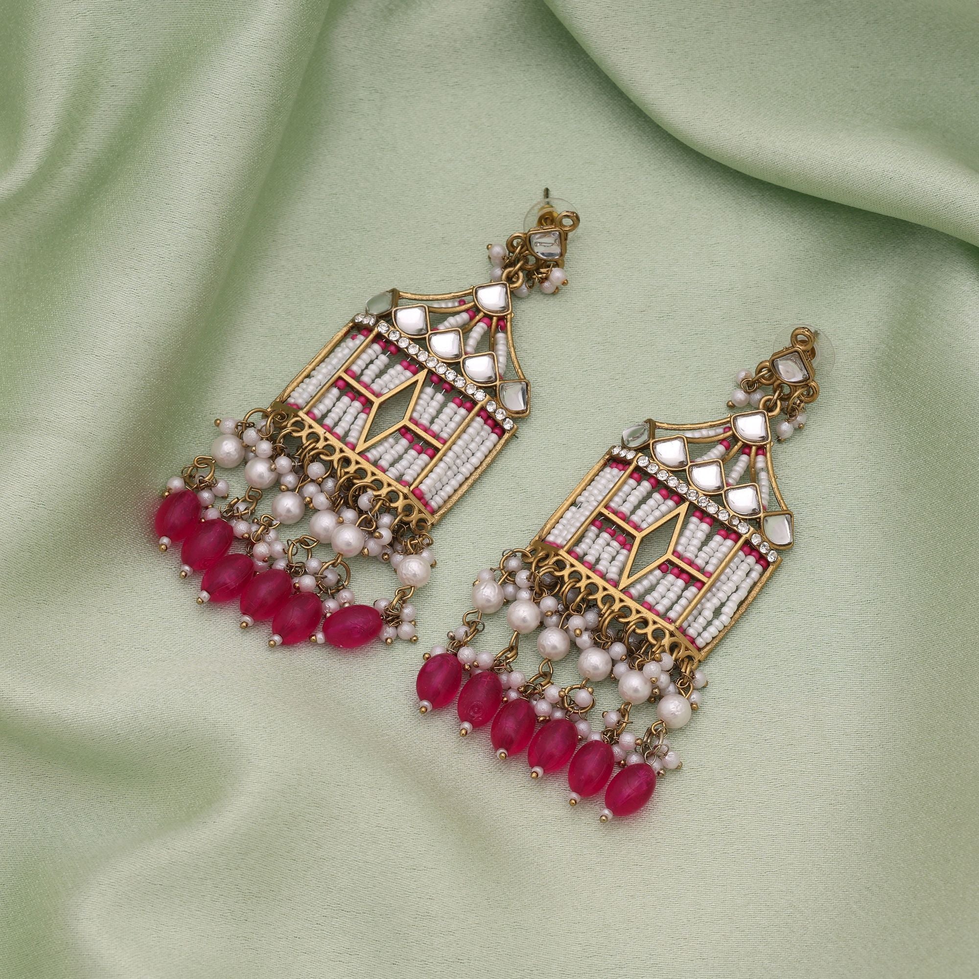 Rani Color Wedding Kundan Earrings