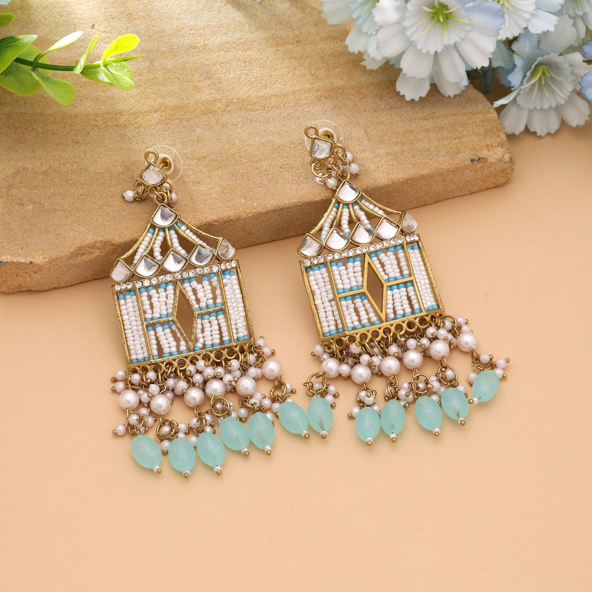 Sky Blue Color Party Wear Kundan Earrings