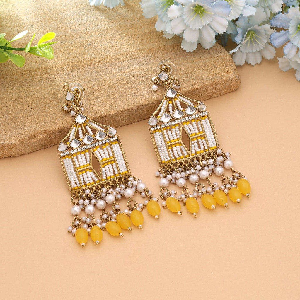 Yellow Color Festive Kundan Earrings