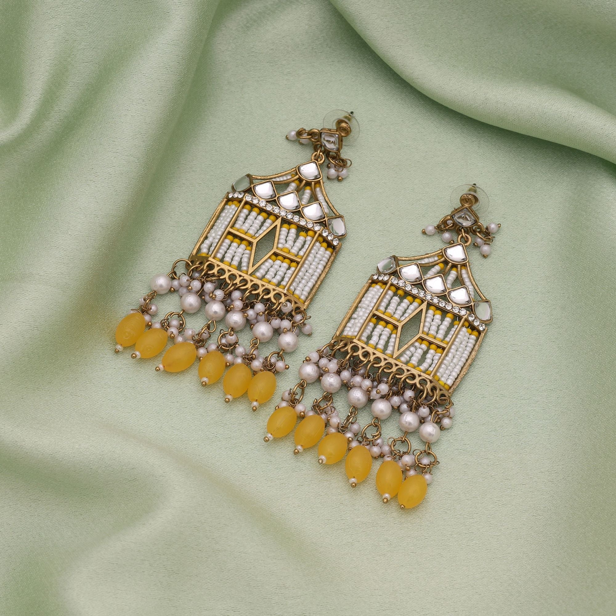 Yellow Color Festive Kundan Earrings