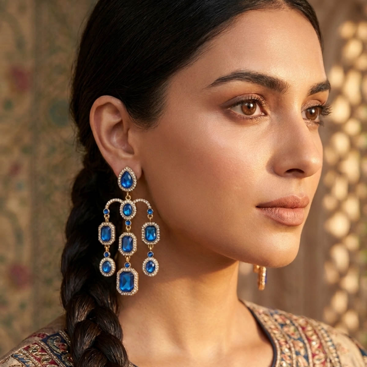 Blue Color Festive Kundan Earrings