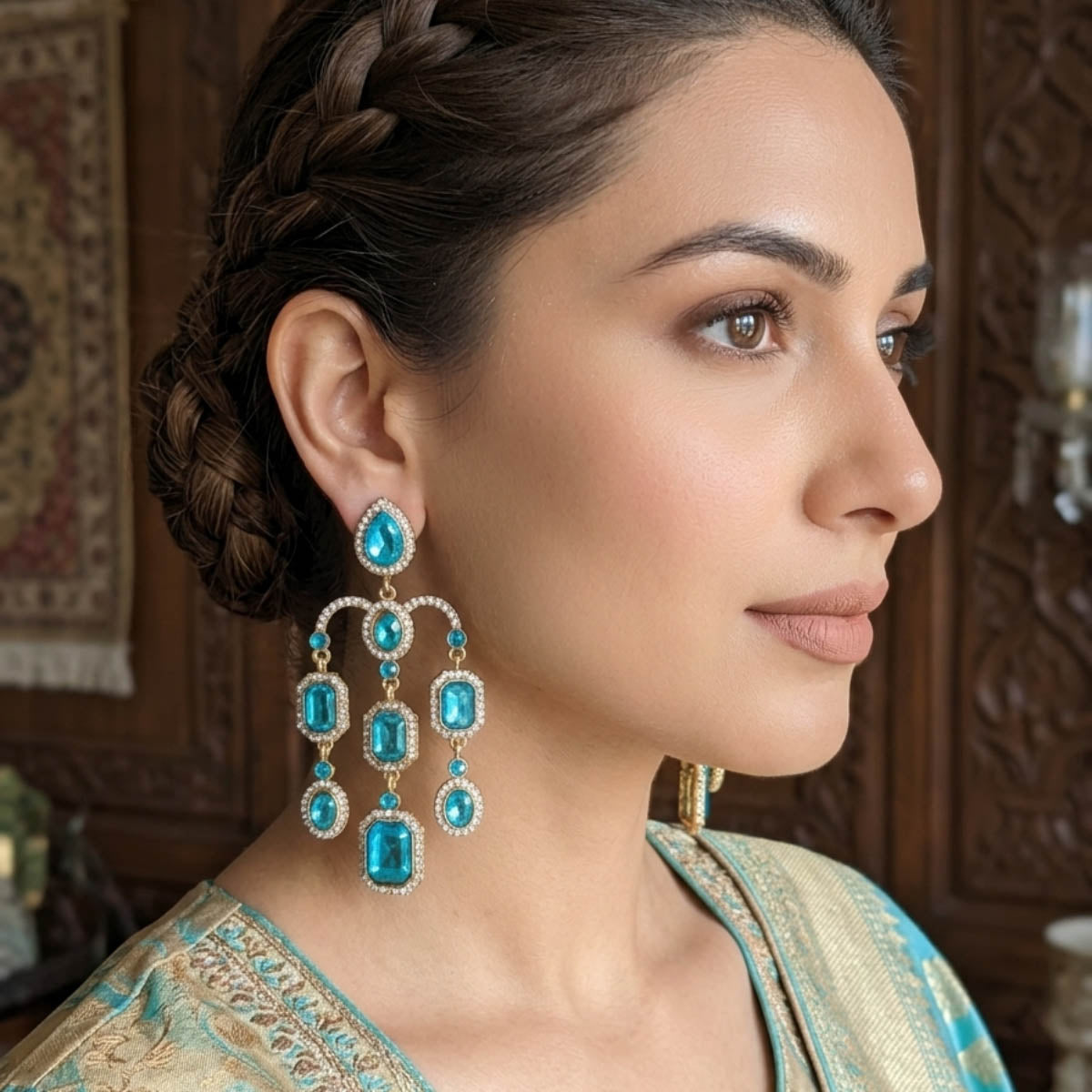 Firozi Color Designer Kundan Earrings
