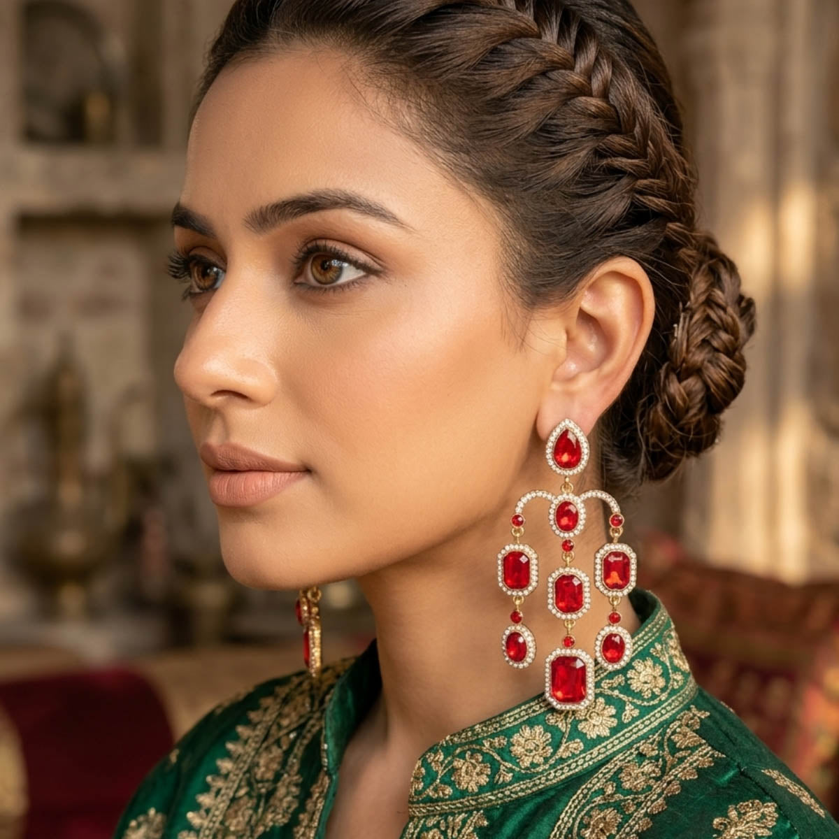 Red Color Bridal Kundan Earrings