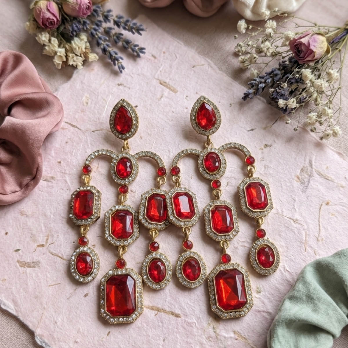 Red Color Bridal Kundan Earrings