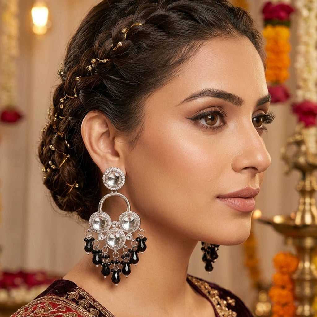 Black Color Party Wear Kundan Earrings