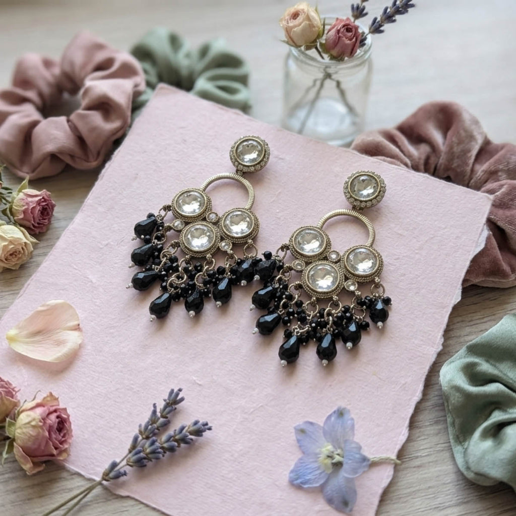 Black Color Party Wear Kundan Earrings