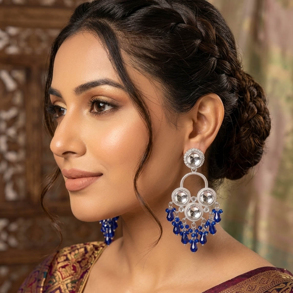 Blue Color Royal Kundan Earrings