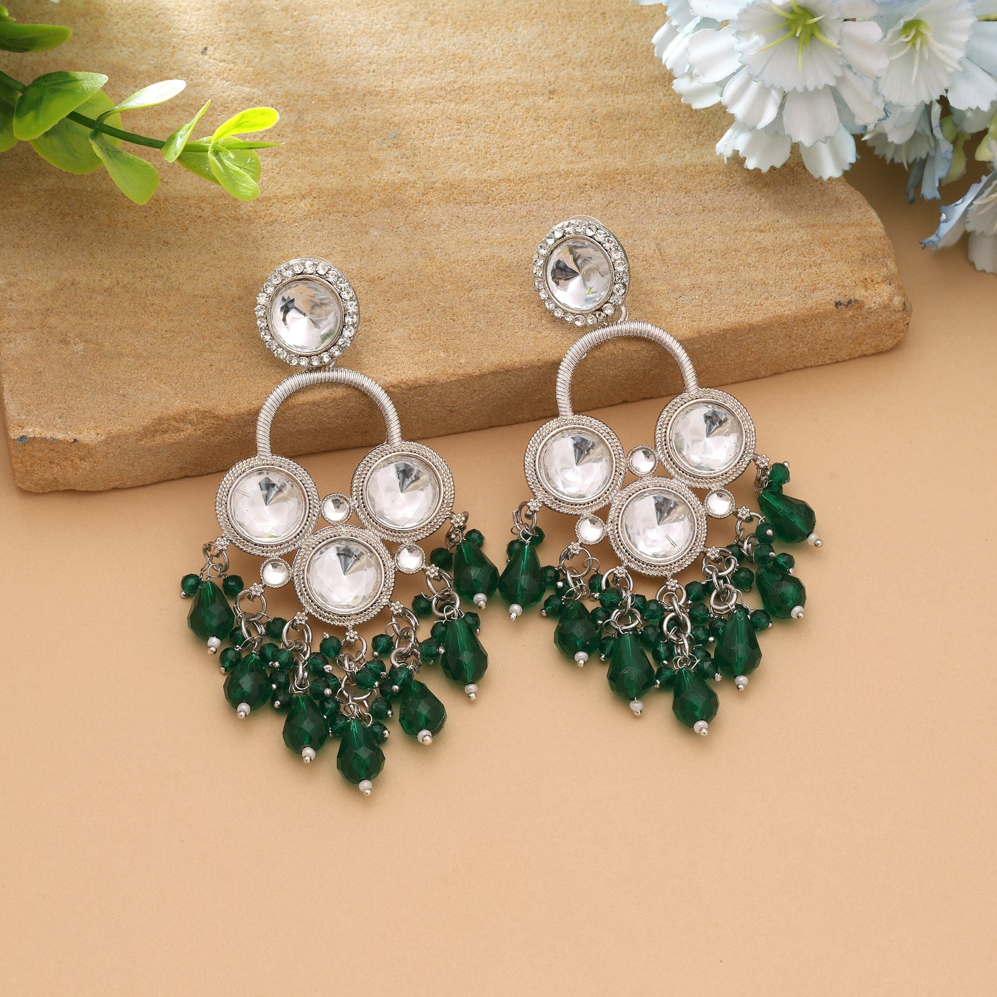 Green Color Stylish Kundan Earrings