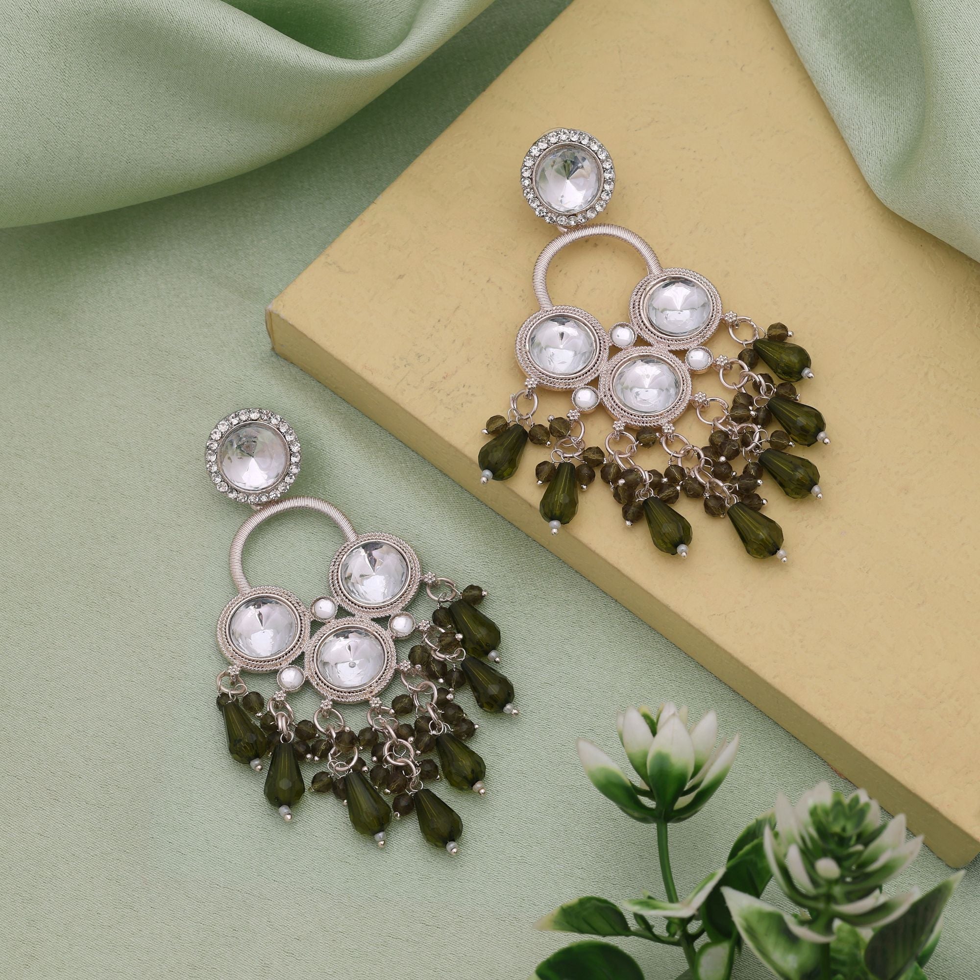 Mehandi Green Color Party Wear Kundan Earrings
