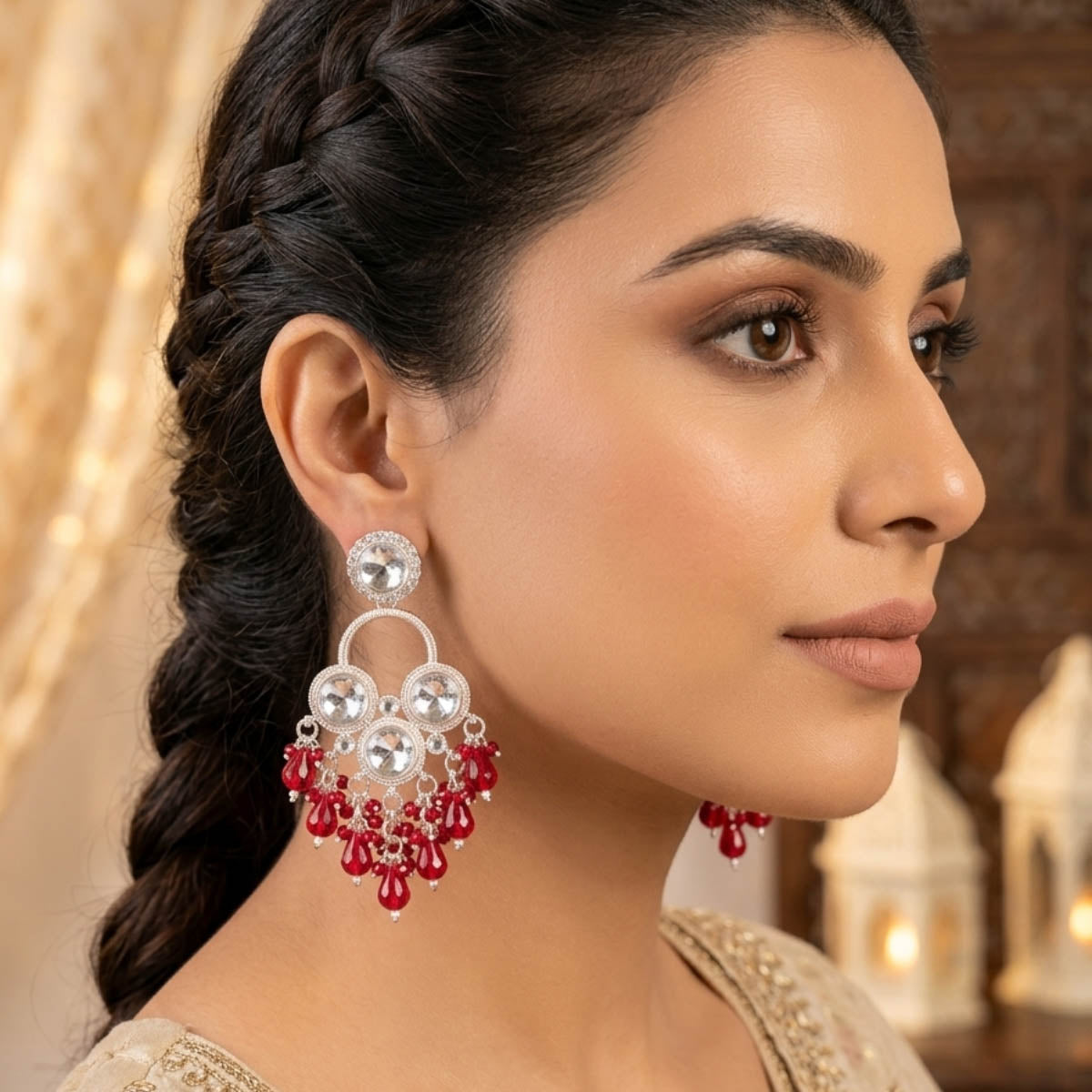 Red Color Wedding Kundan Earrings