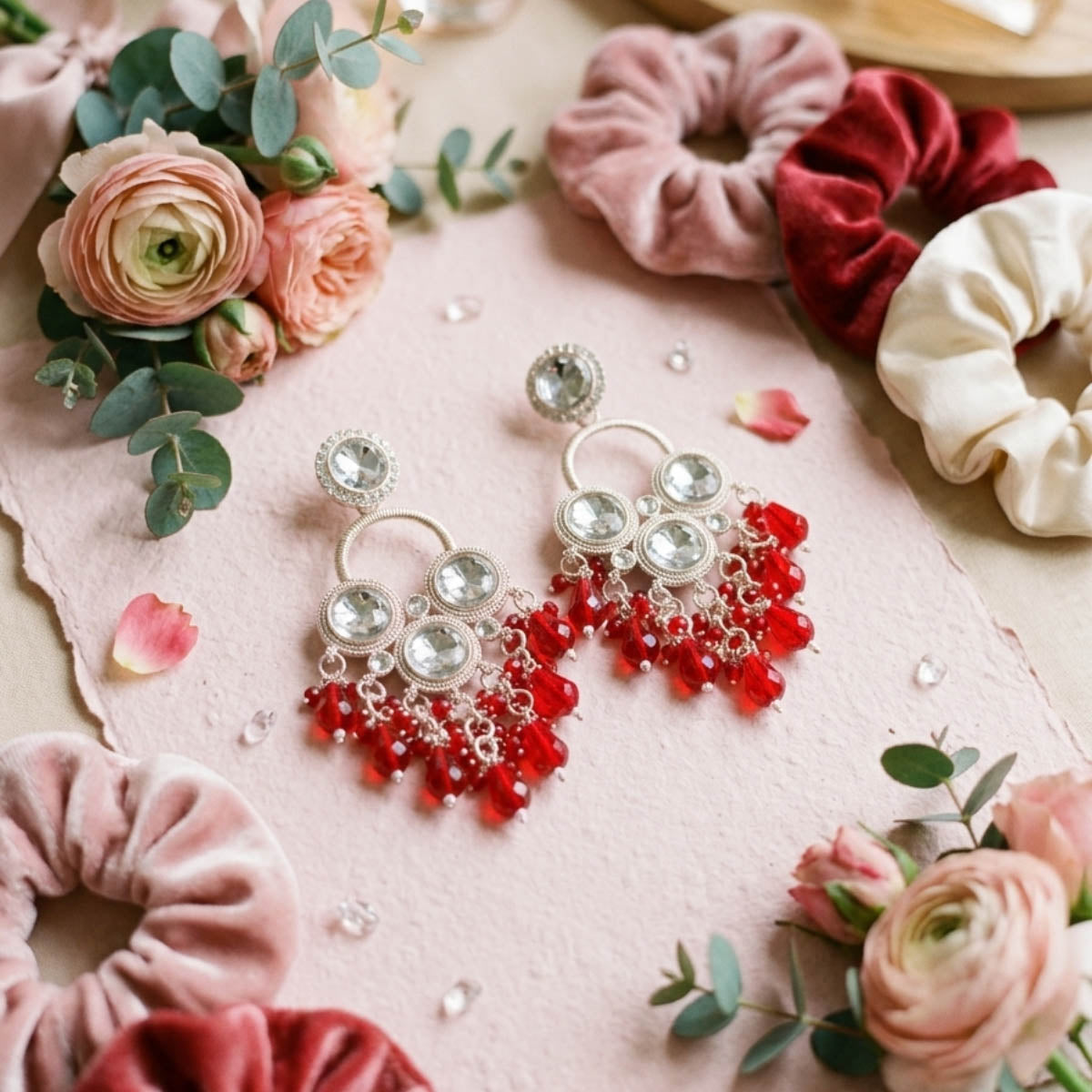Red Color Wedding Kundan Earrings