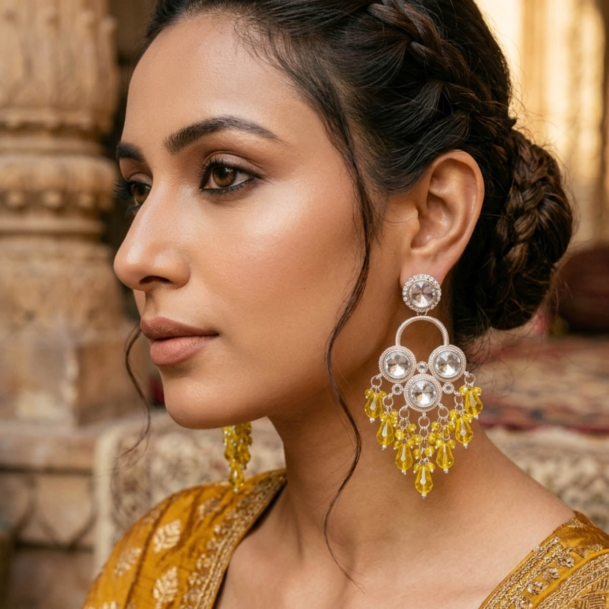 Yellow Color Ethnic Kundan Earrings