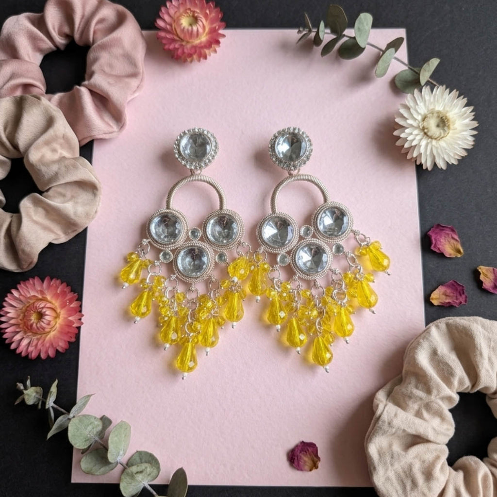 Yellow Color Ethnic Kundan Earrings