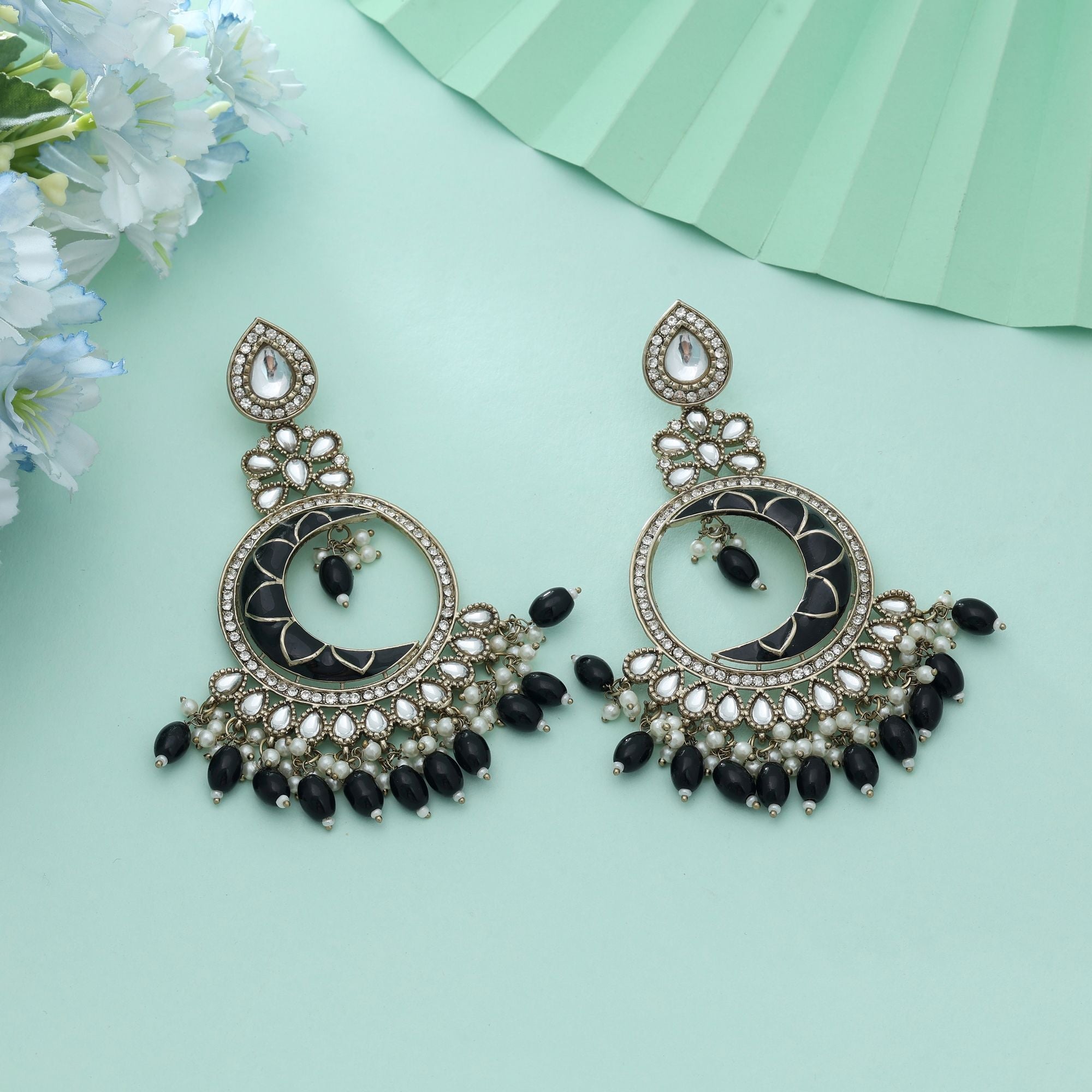 Black Color Meena Work Kundan Earrings Classic Ethnic Party Wear Jewelry